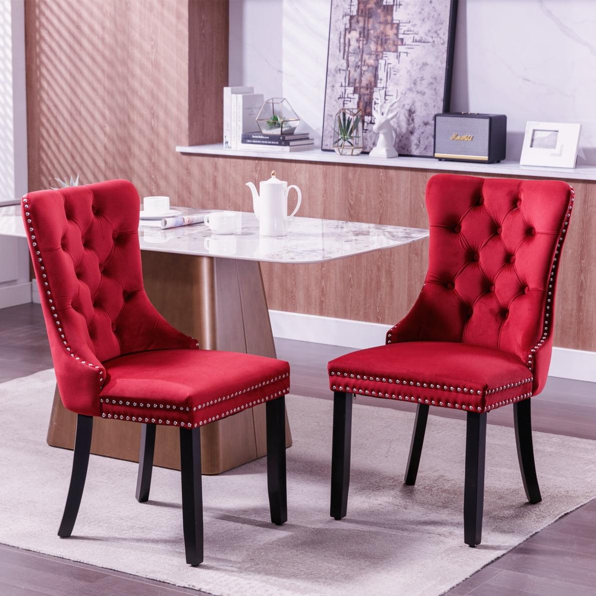 Burgundy Velvet Upholstered Dining Chairs with Wood Legs, Set of 2