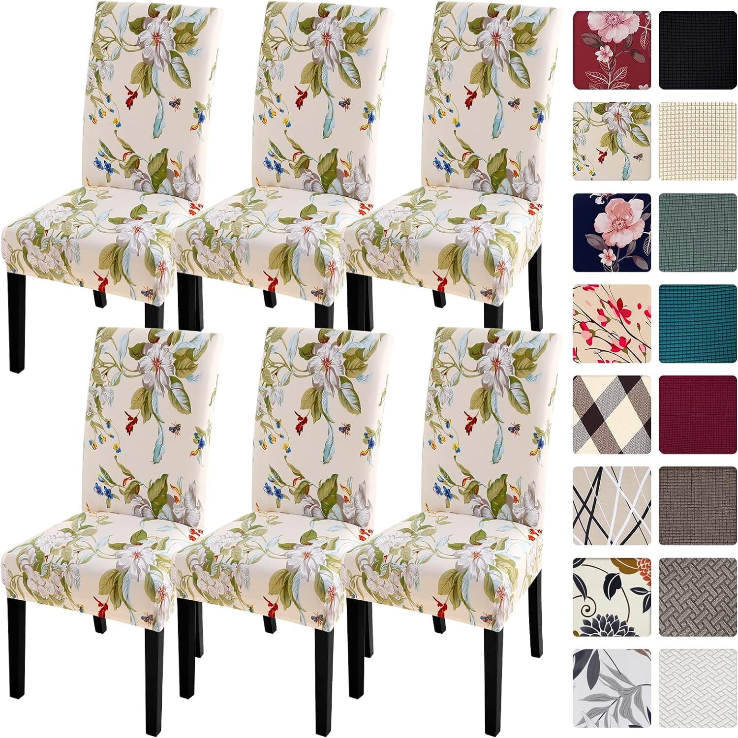 Beige Floral Stretch Dining Chair Covers, Set of 6