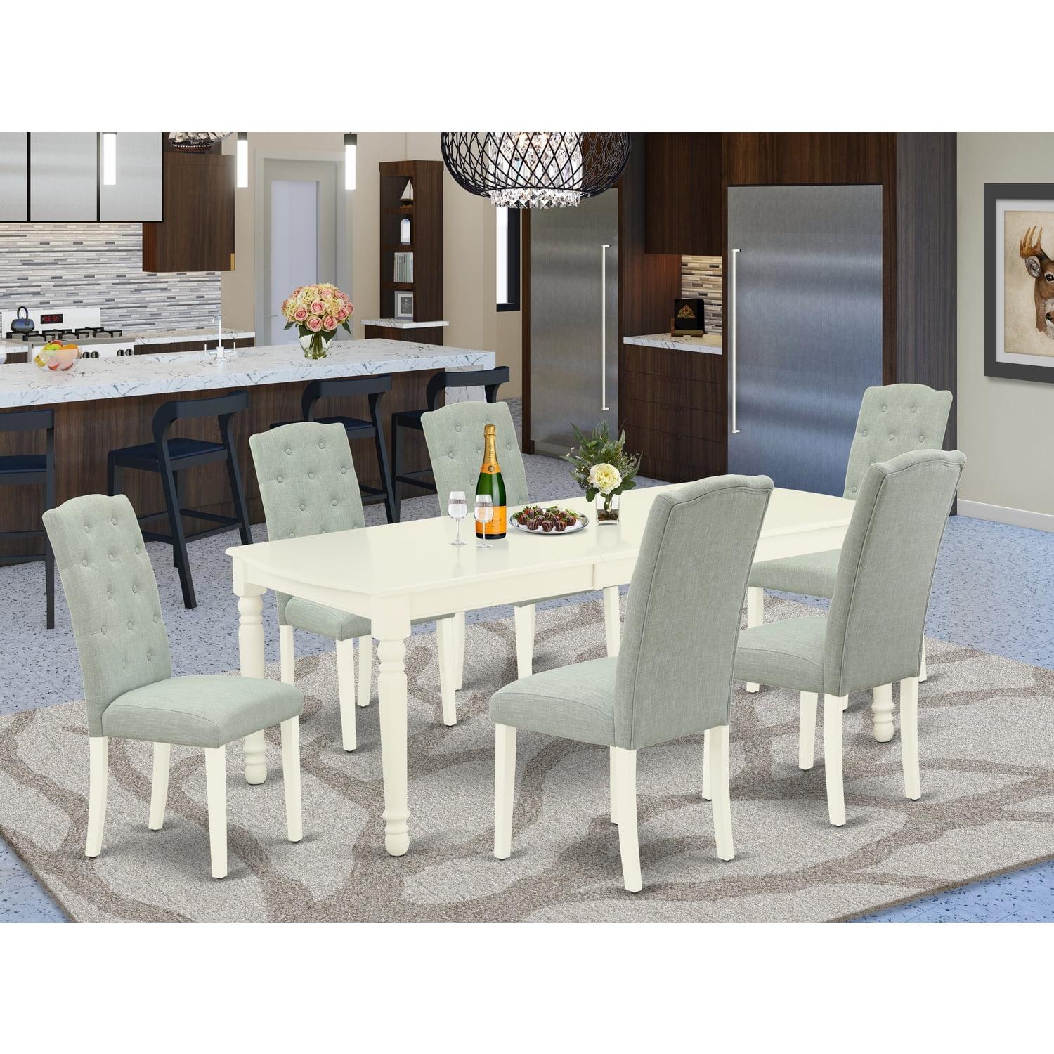 Linen White and Baby Blue 7-Piece Dining Set with Tufted Chairs