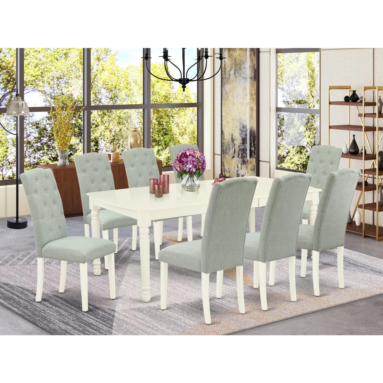 Linen White Rectangular Dining Set with Baby Blue Parson Chairs