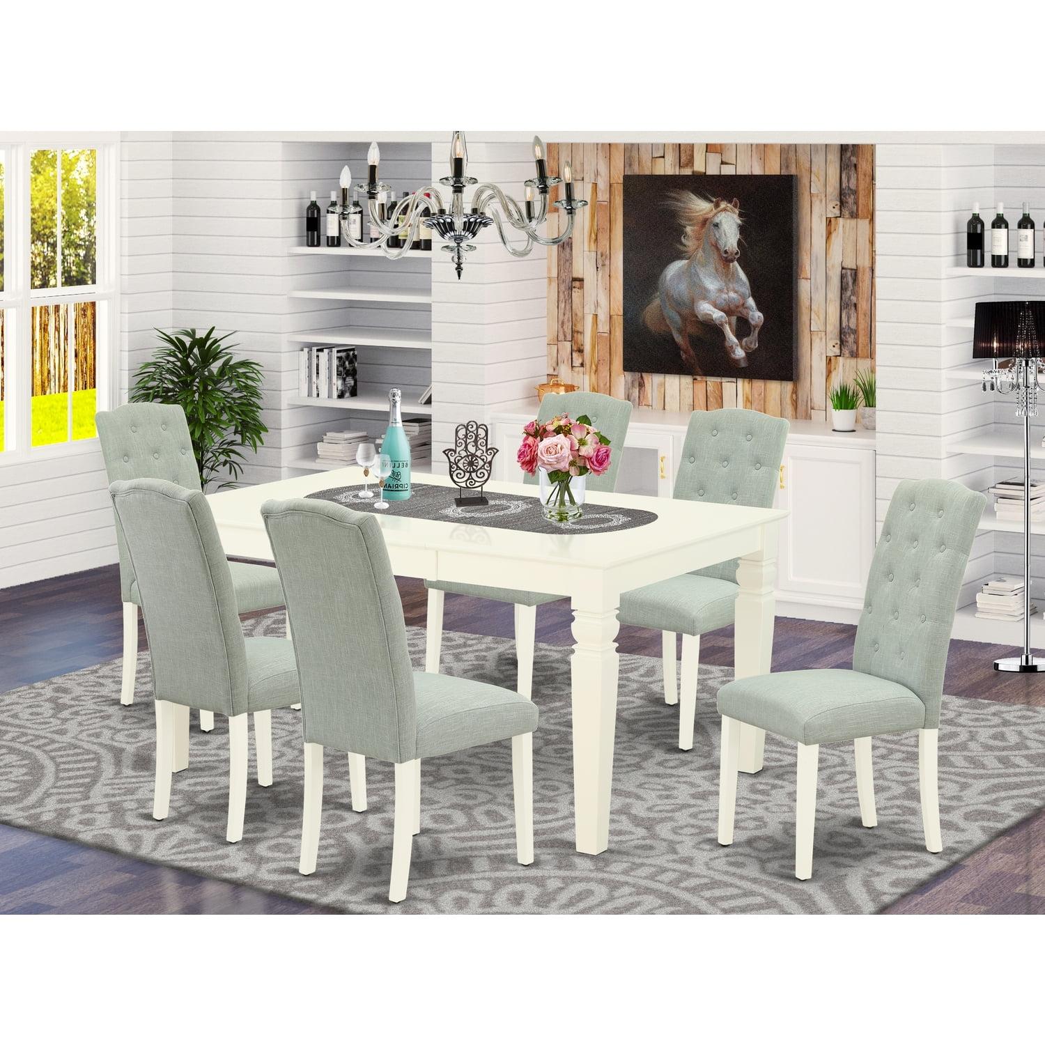 Linen White 7-Piece Dining Set with Baby Blue Chairs