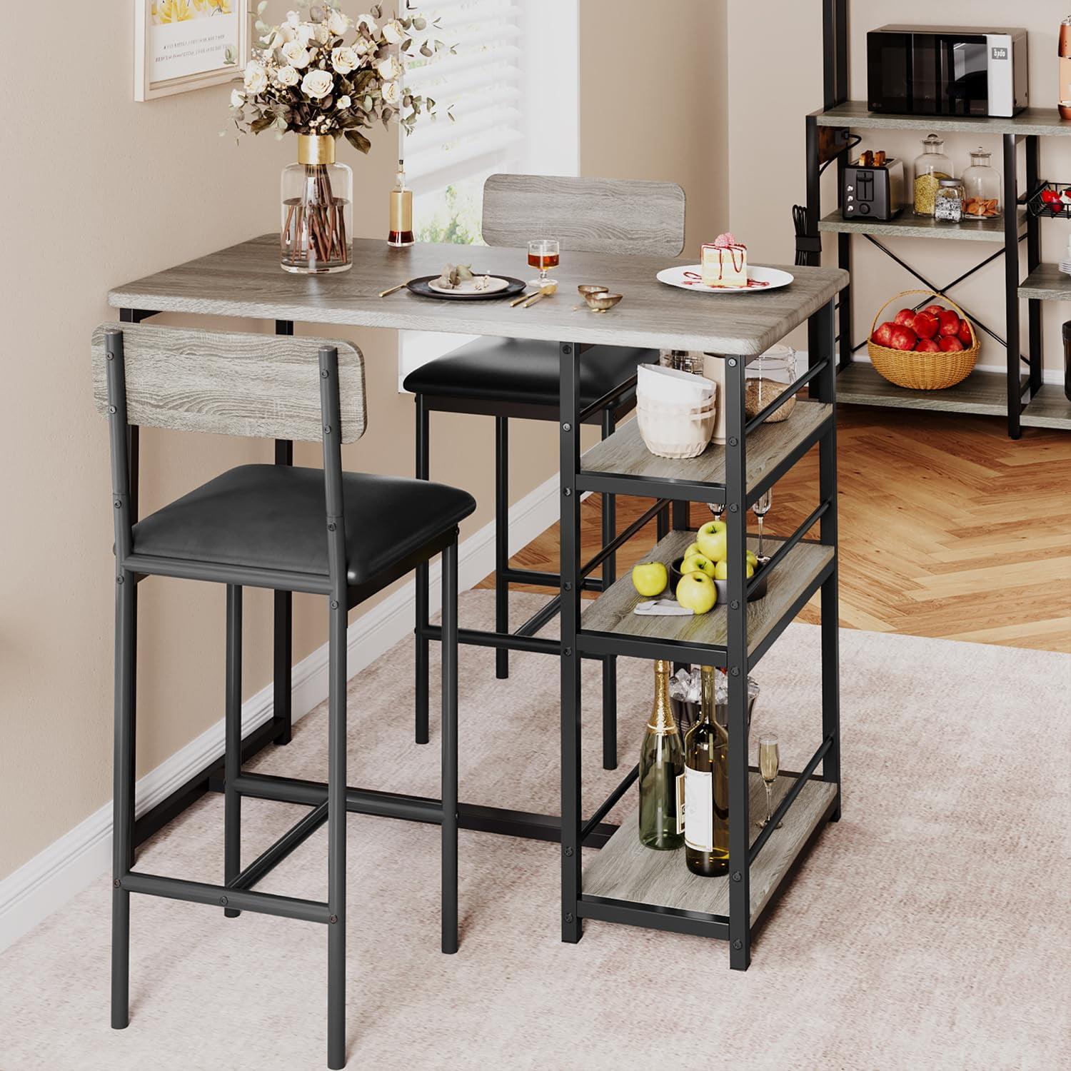 Rustic Grey Rectangular Pub Table Set with 2 Chairs and Storage Shelves