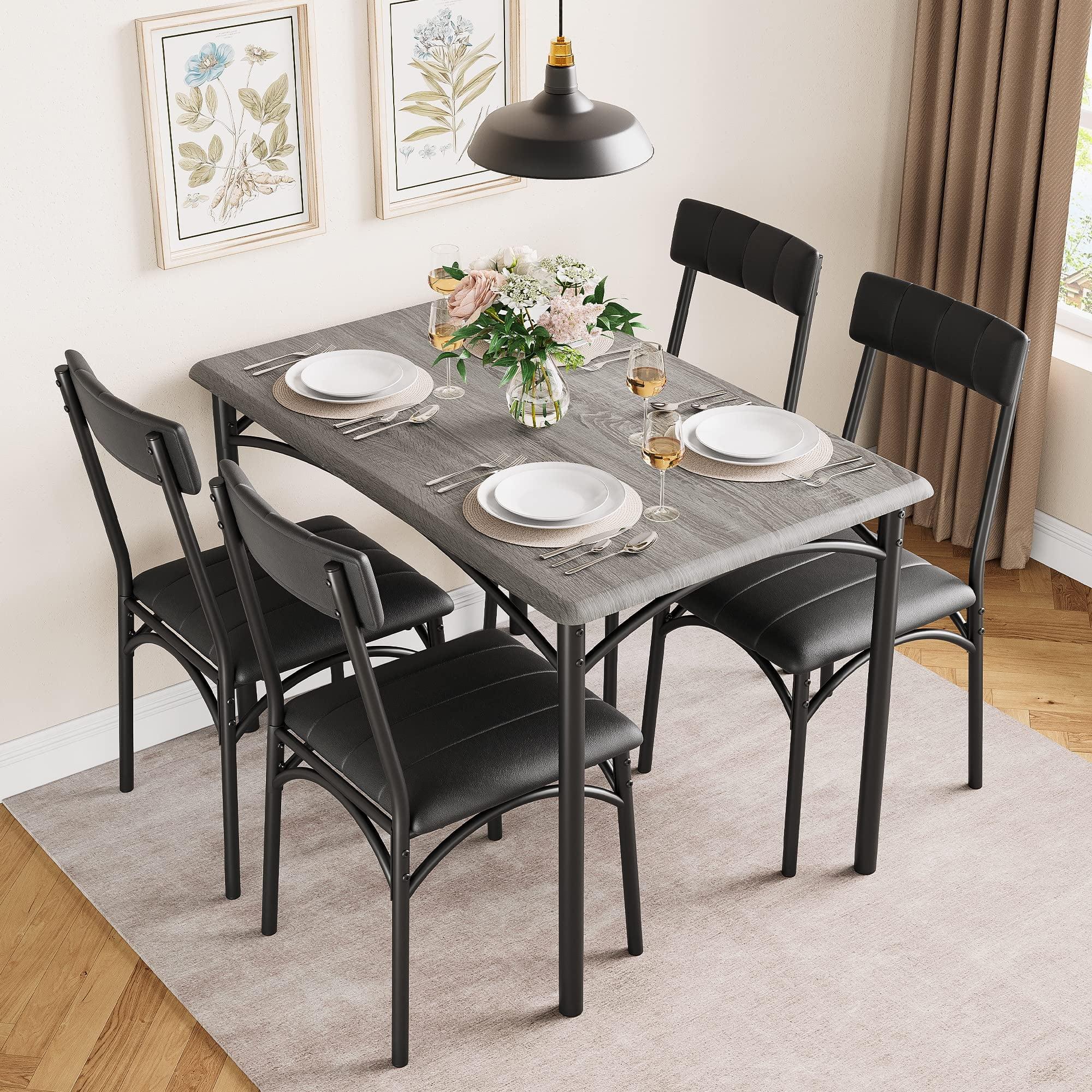 Rustic Grey Metal and Wood Dining Set with 4 Upholstered Chairs