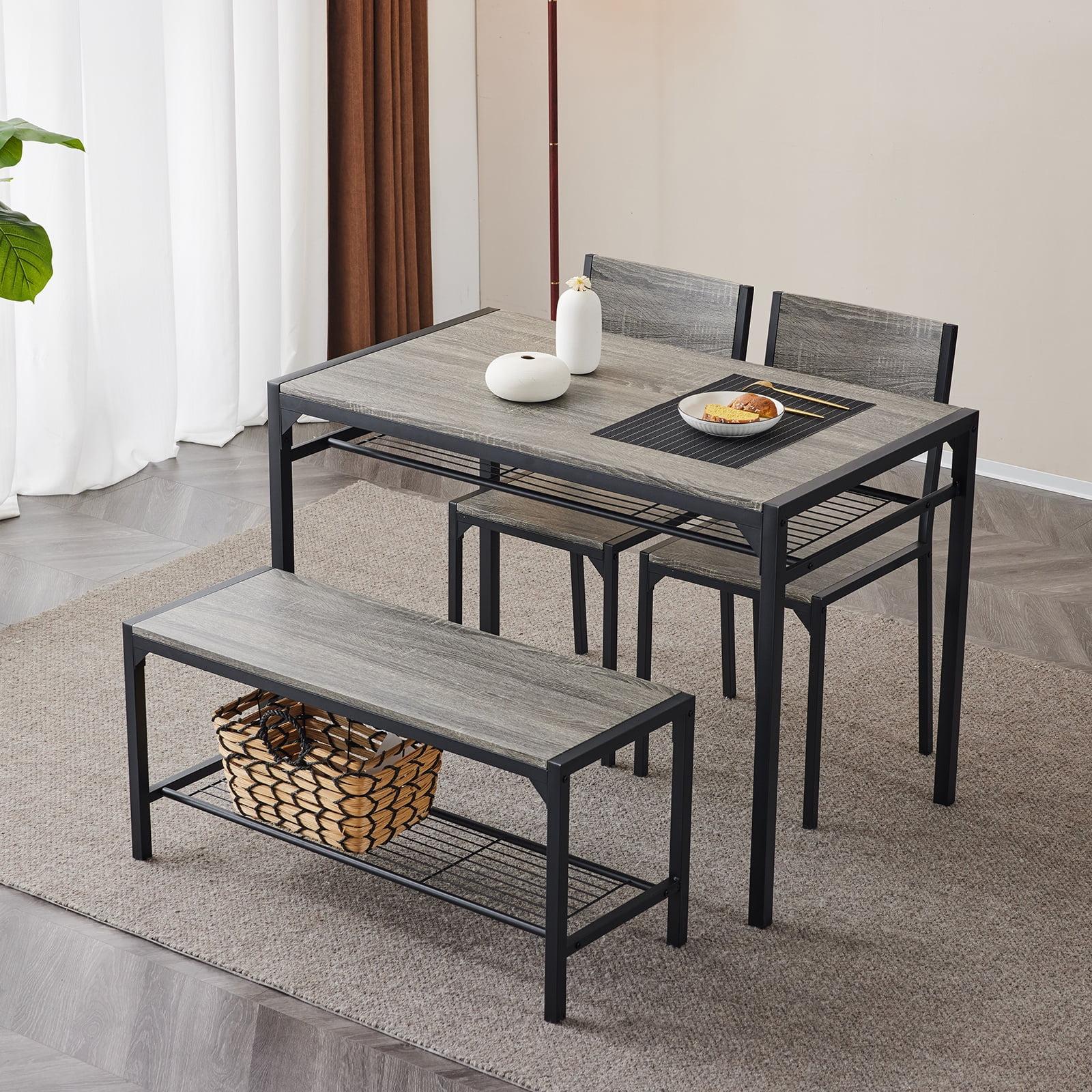 Gray Metal and Wood 4-Piece Dining Set with Bench and 2 Chairs