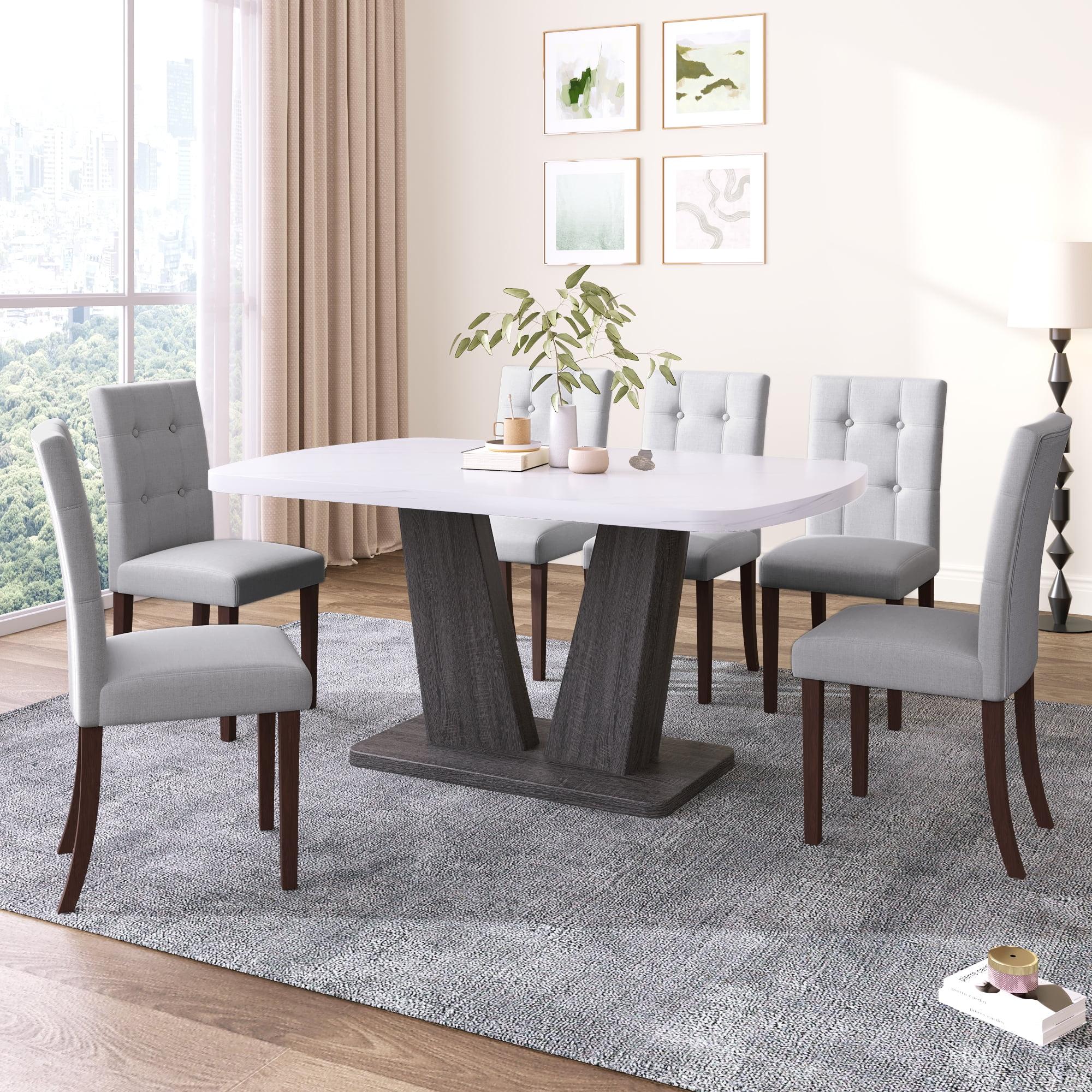 White Faux Marble Dining Table Set with 6 Gray Upholstered Chairs