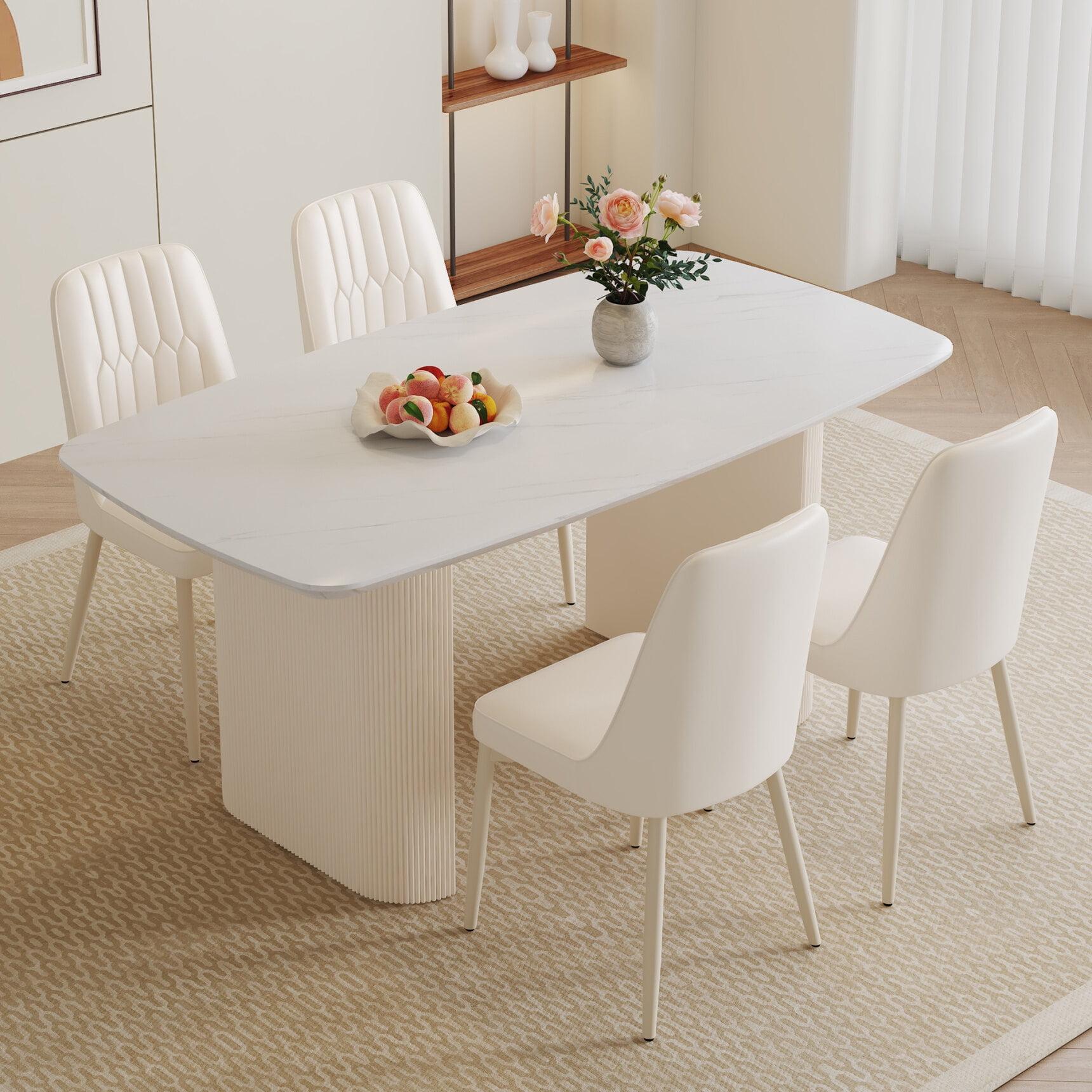 Cream MDF Dining Table Set with 4 White PU Chairs