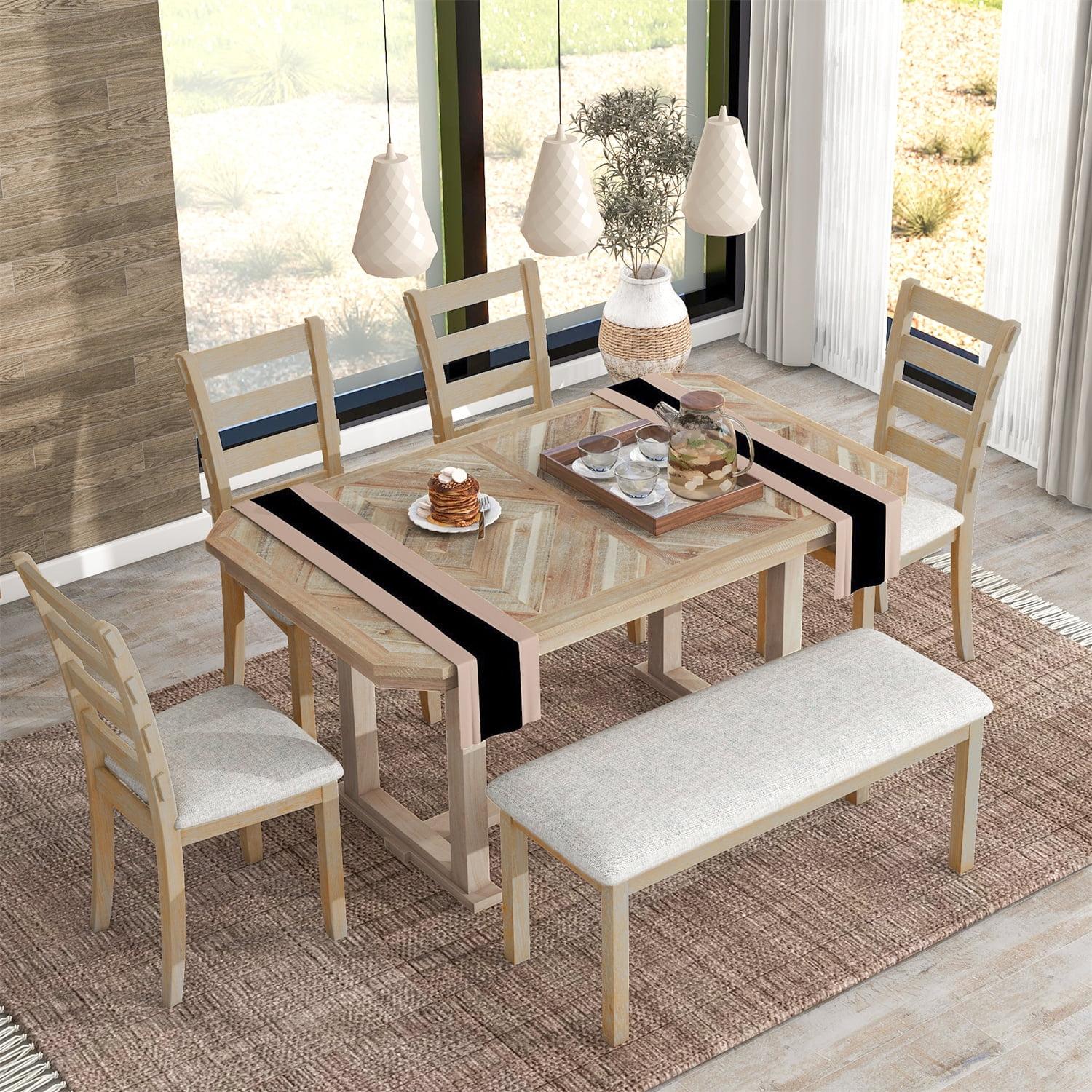 Dining Table Set for 6, 6 Piece Wood Kitchen Table Set, Dining Table and Chairs Set, Home Furniture Table Set with Chairs & Bench, Natural Wood Wash