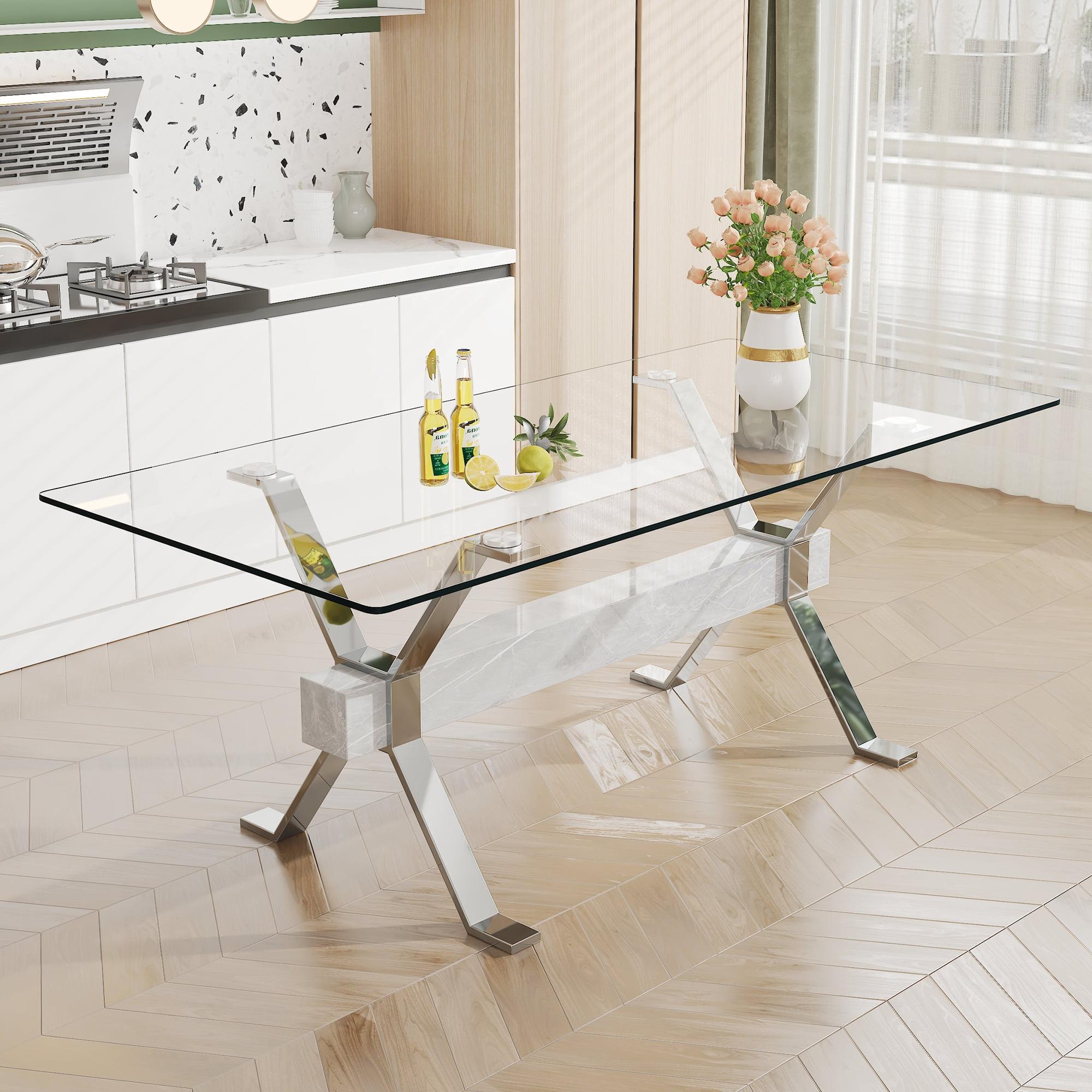 79'' Transparent Glass Dining Table with Silver Metal Legs and MDF Crossbars