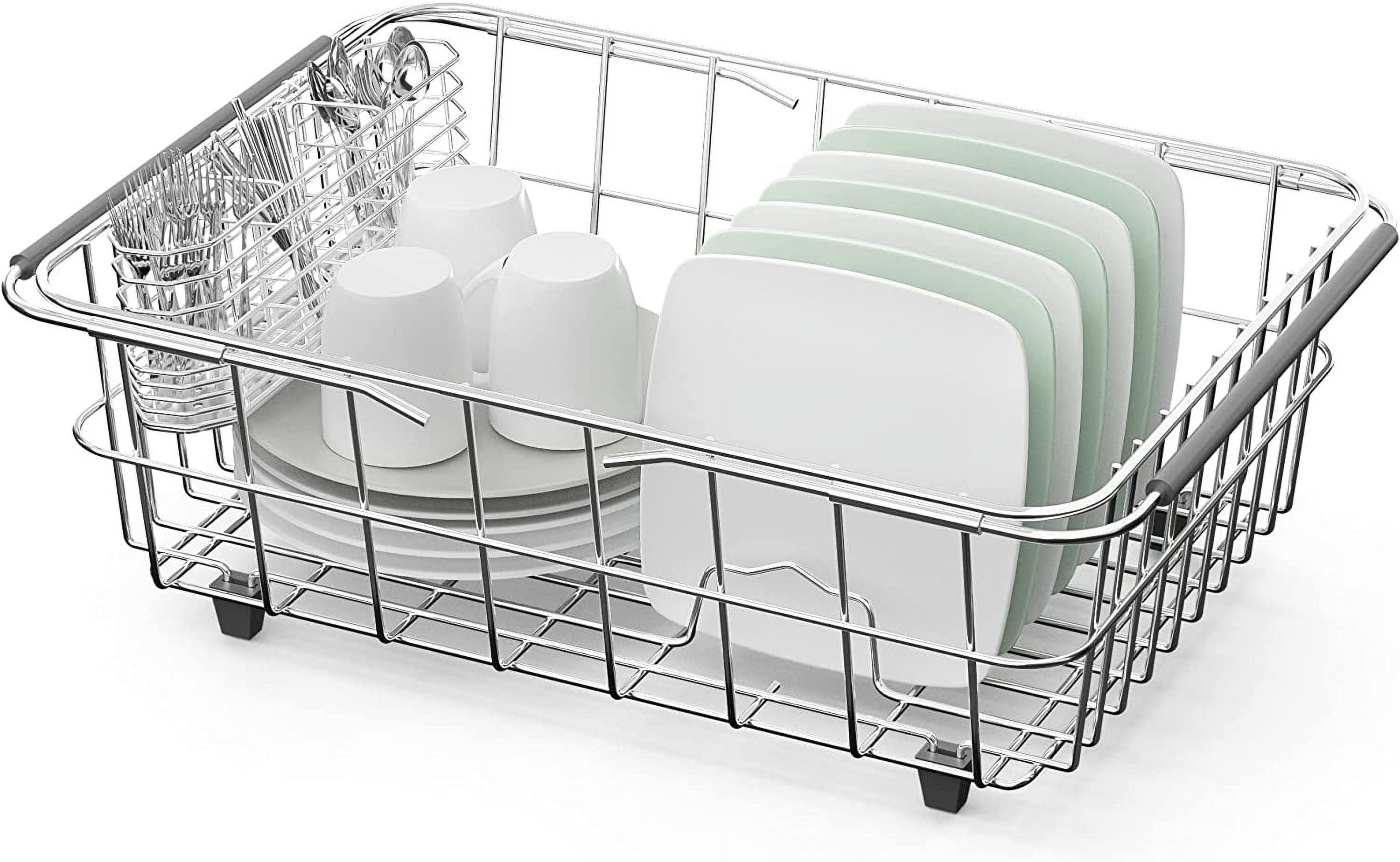 Adjustable Stainless Steel Dish Drying Rack with Utensil Holder