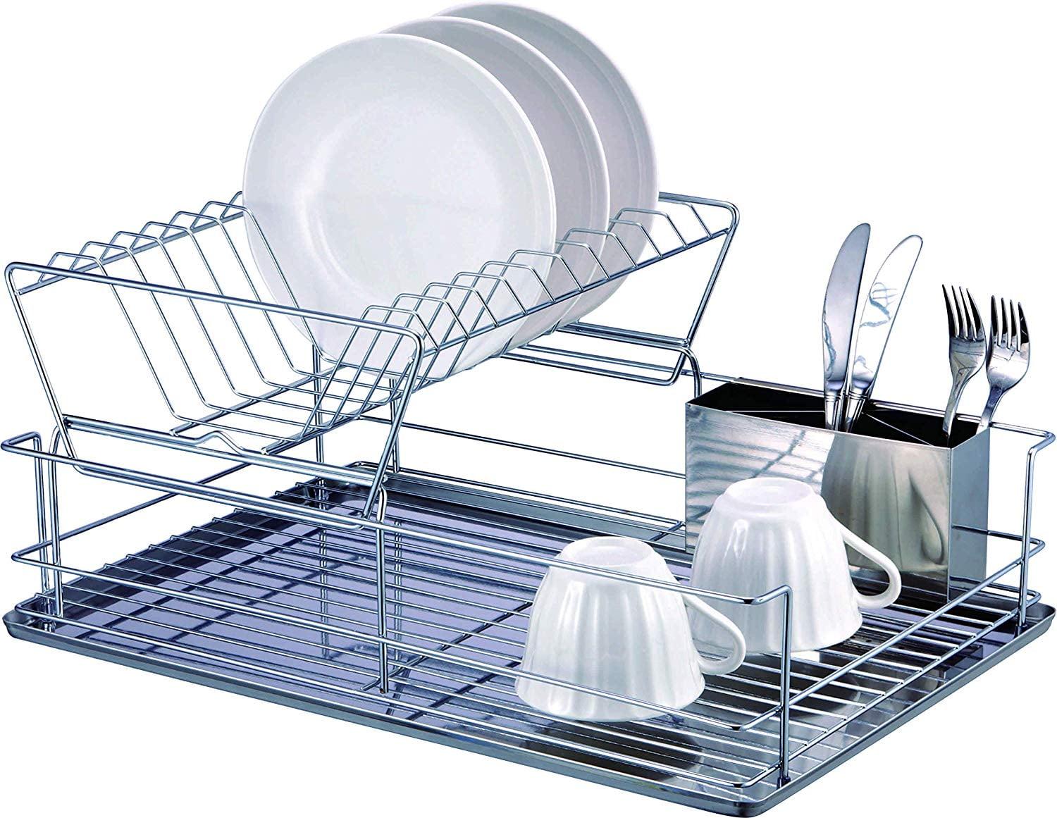 Dish Drying Rack, 2-Tier Dish Rack with Utensil Holder, Dish Drainer for Kitchen, Plated Chrome Dish Dryer (Heavy duty, Silver)