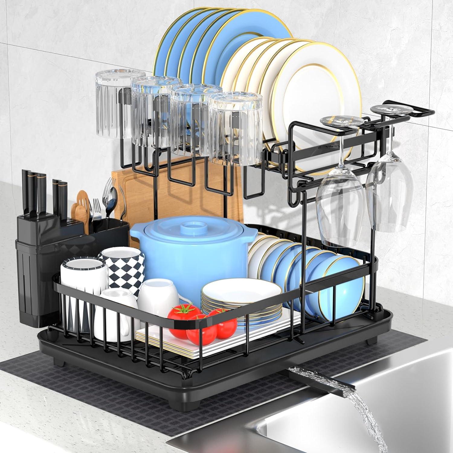 Black Metal 2-Tier Dish Drying Rack with Utensil Cup