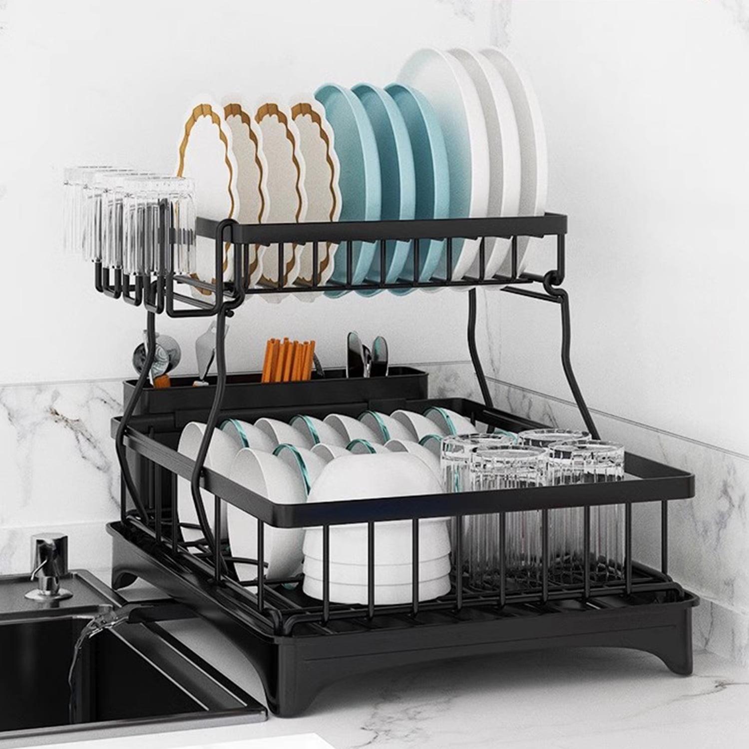 Fabhob 2 Tiers Dish Drying Rack, Space-Saving Dish Racks for Kitchen Counter, Dish Drainer Drying Rack with Drainboard