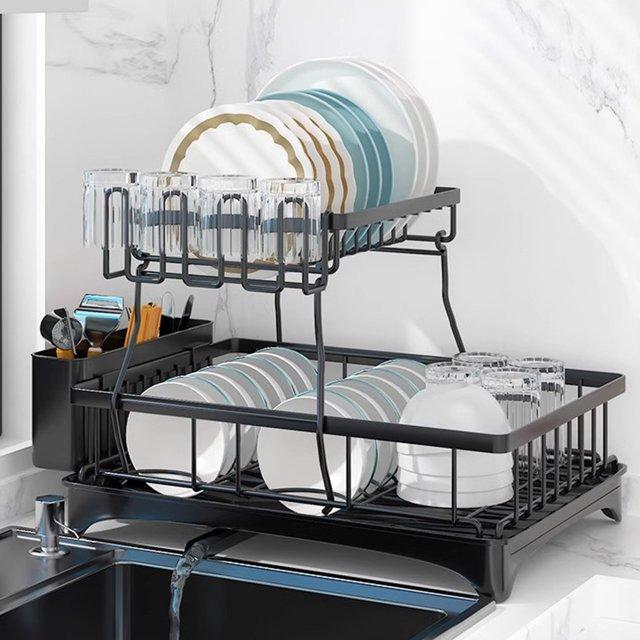 Fabhob 2 Tiers Dish Drying Rack, Space-Saving Dish Racks for Kitchen Counter, Dish Drainer Drying Rack with Drainboard