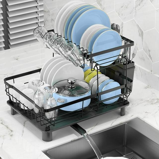 Fabhob 2 Tiers Dish Drying Rack, Space-Saving Dish Racks for Kitchen Counter, Dish Drainer Drying Rack with Drainboard
