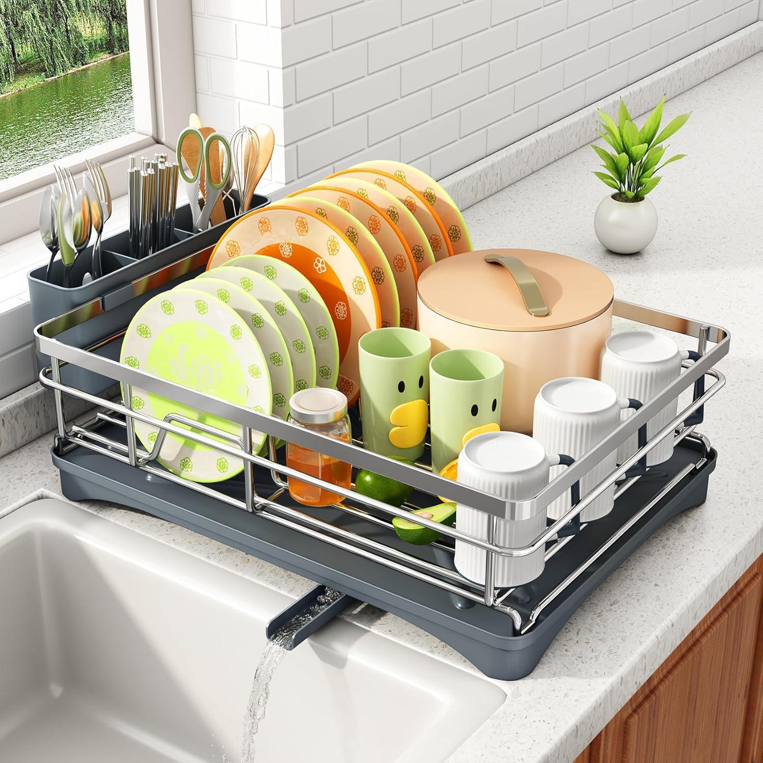 Dish Drying Rack - Stainless Steel Dish Rack for Kitchen Counter, Large-Capacity Dish Drainer with Cutlery Holder, Kitchen Organizer for Dishes, Spoons and Forks, Black
