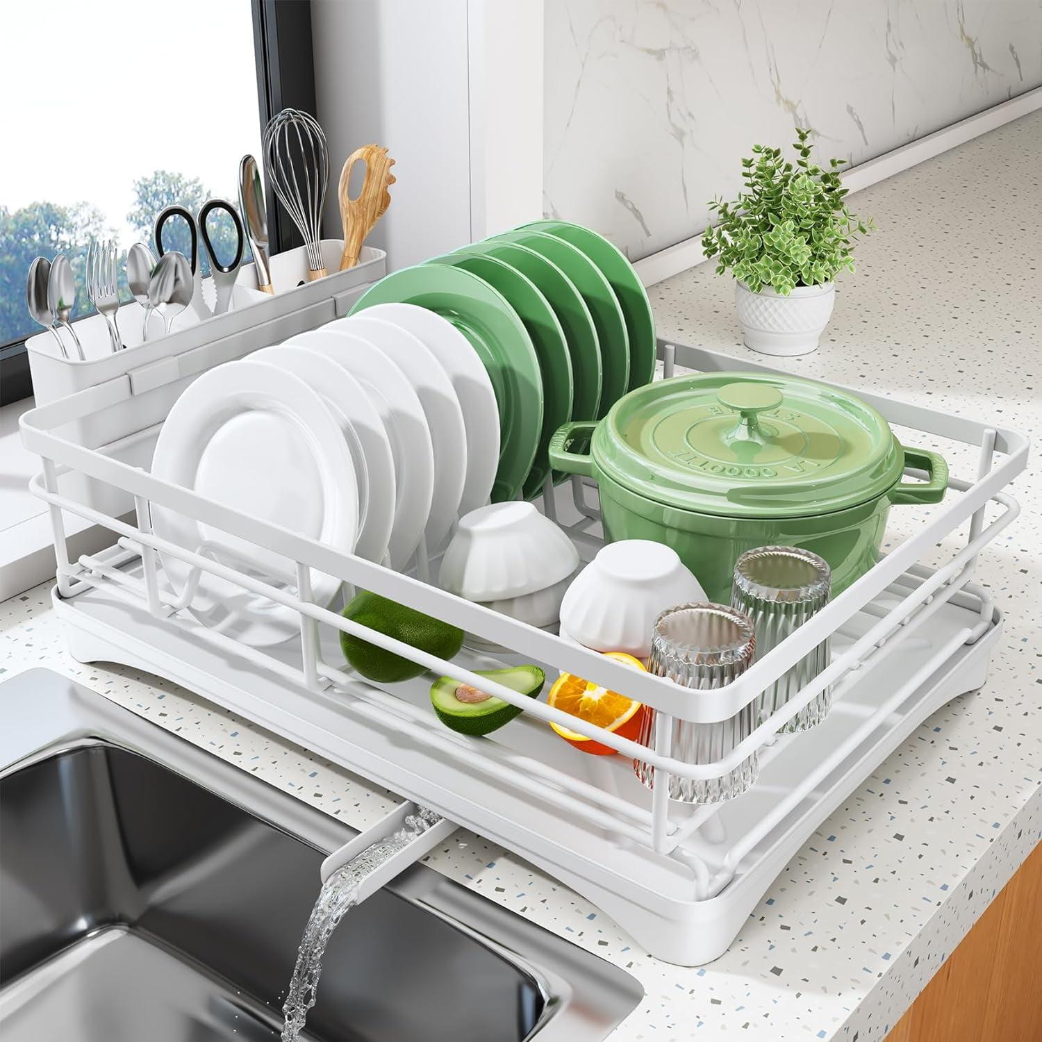 Expandable Stainless Steel Dish Drying Rack with Utensil Holder, White