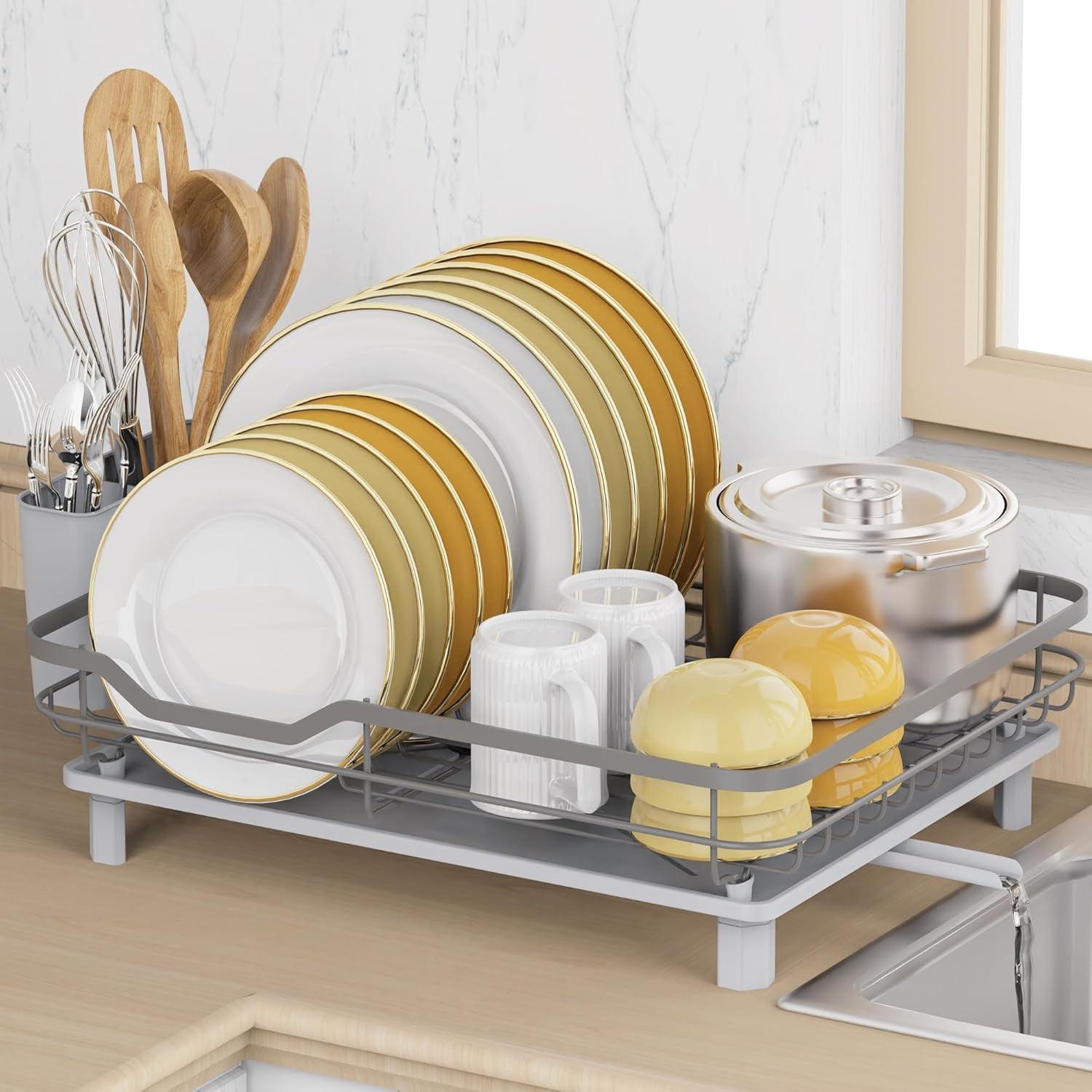 Gray Stainless Steel Dish Drying Rack with Utensil Holder