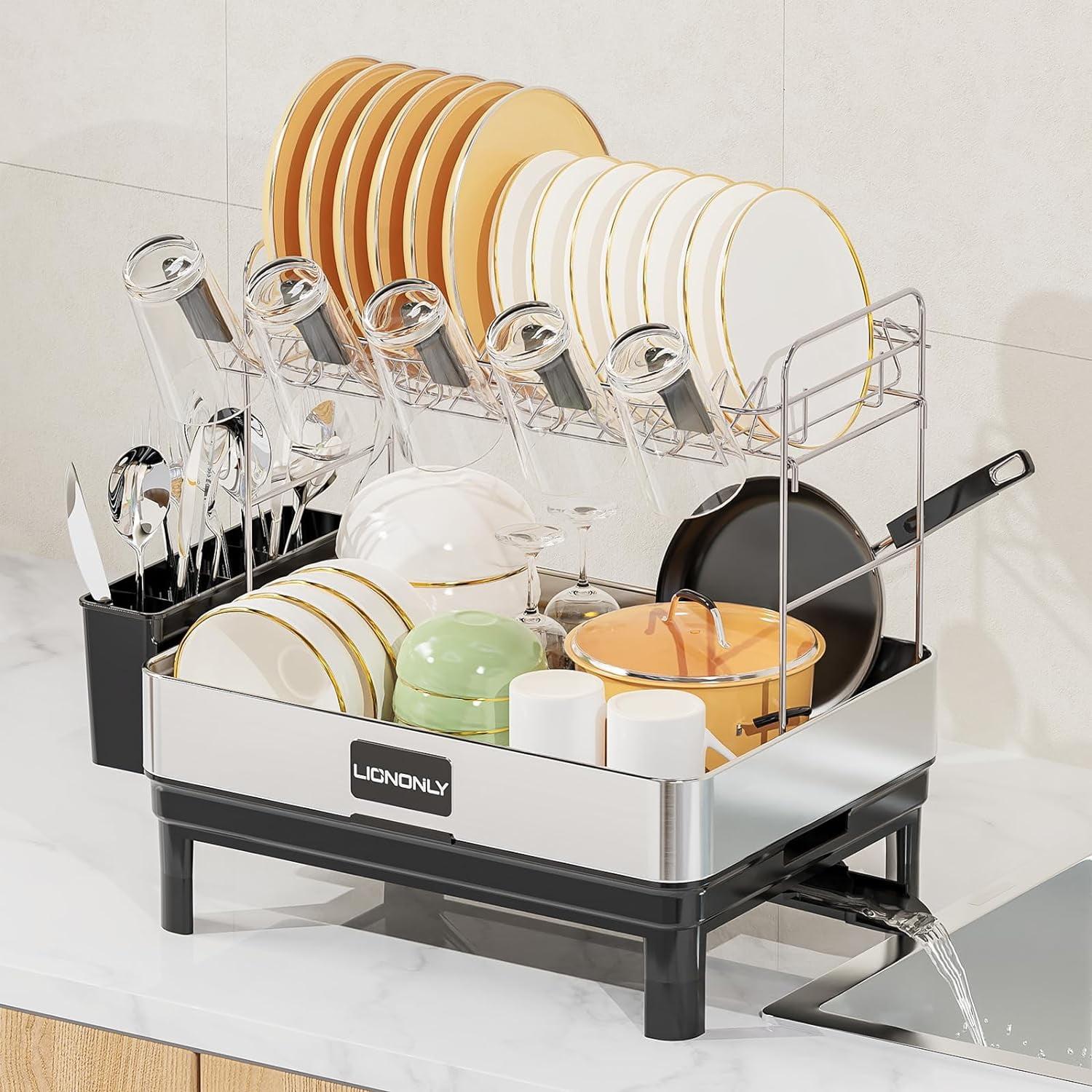 Stainless Steel 2-Tier Dish Drying Rack with Utensil Cup