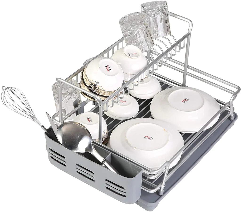 Dish Drying Rack with 360Â° Swivel Drain Board and Drain Spout, Grey