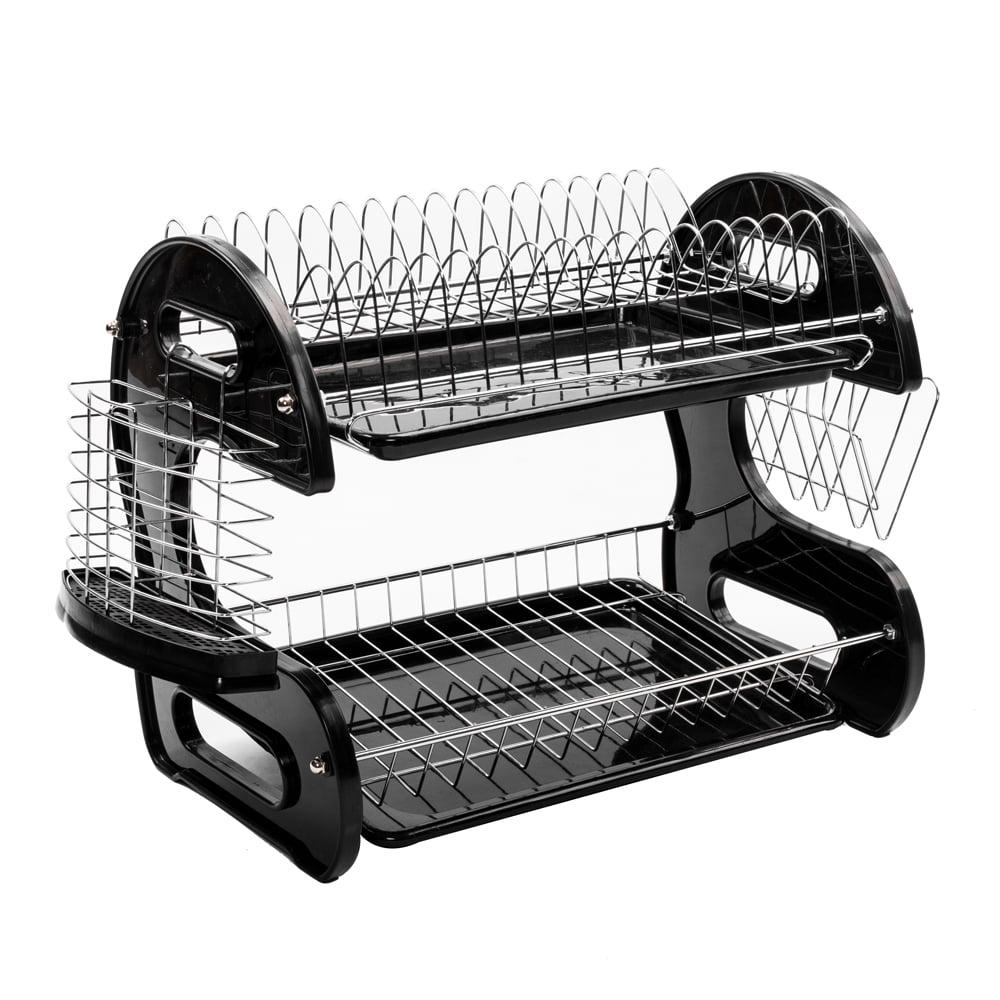 Black Dual Layer Metal Dish Rack with Cutlery Holder