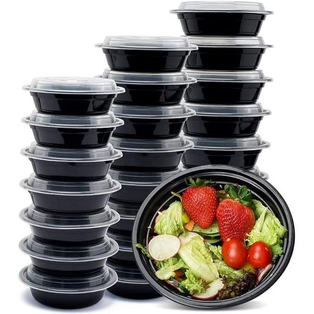 Diska NuLife 48oz Round Food Container 50 Pcs | Black PP Polypropylene Containers With Lids For Storage | Microwave & Freezer Safe | Eco-Friendly, BPA-Free