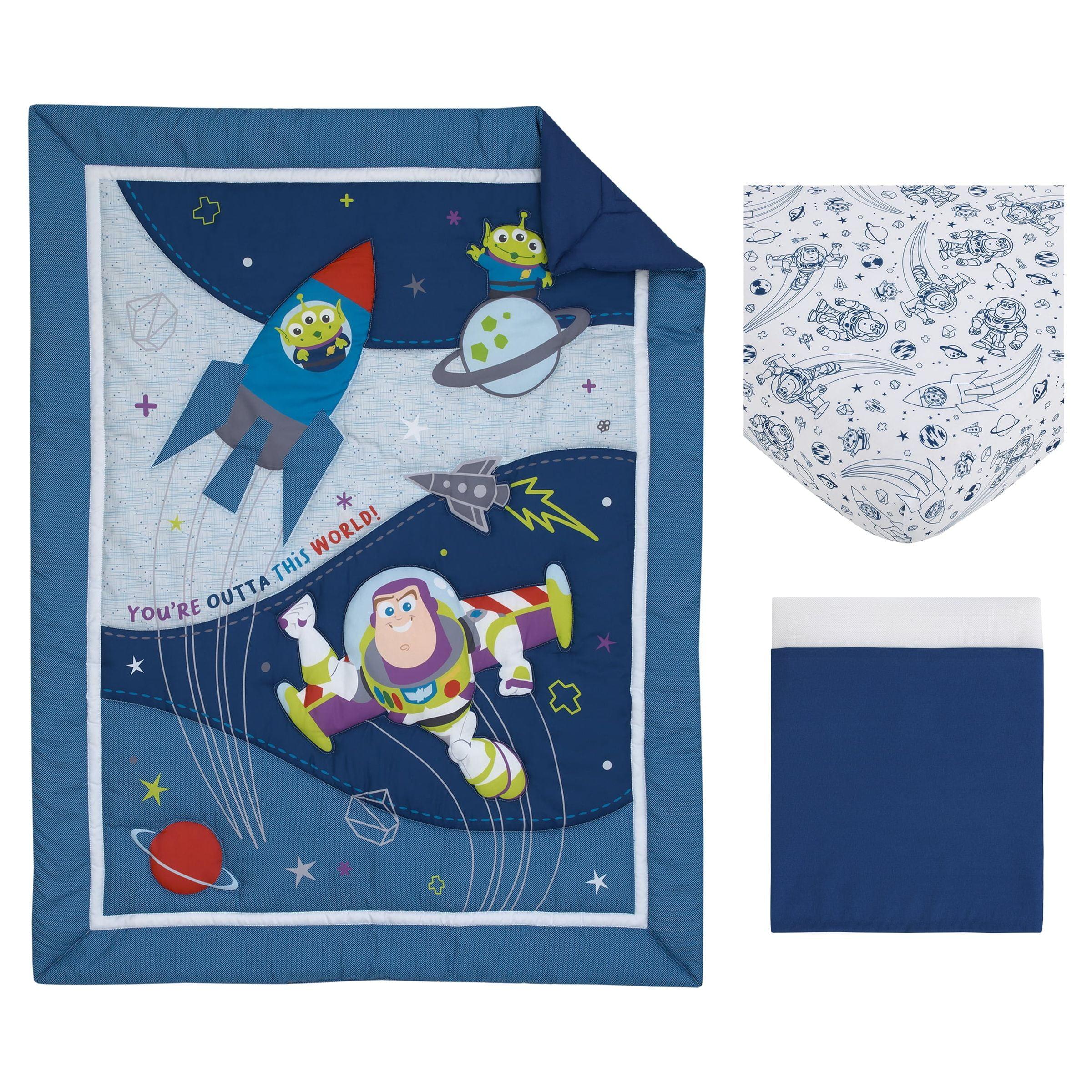 NoJo Disney Toy Story Outta This World Blue and Gray 3 Piece Nursery Crib Bedding Set - Comforter,  Fitted Crib Sheet, and Crib Skirt