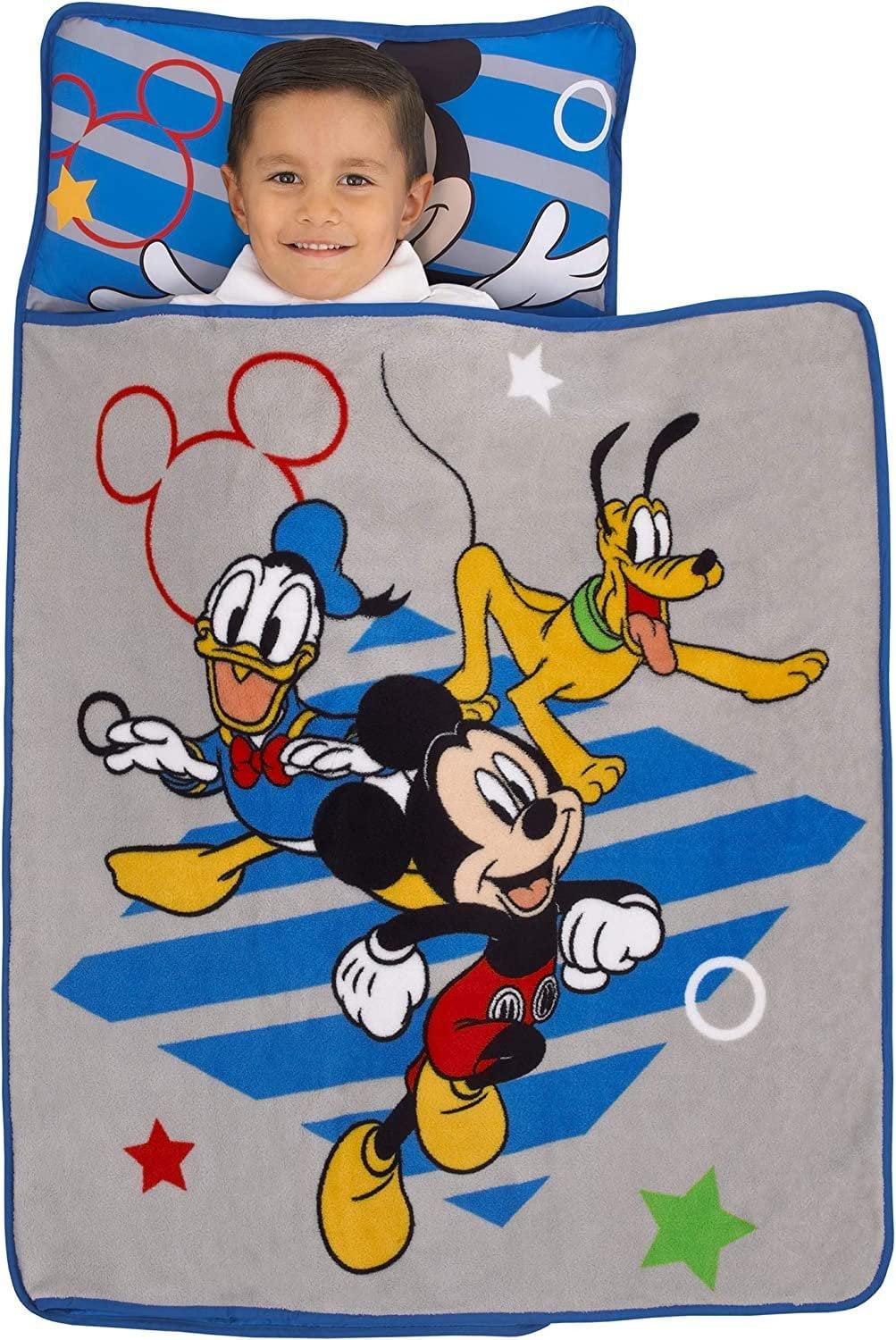 Disney Mickey Mouse Clubhouse Buddies Padded Toddler Nap Mat With Built In Pillow, Fleece Blanket, and Name Label for Daycare, Kindergarten or Travel