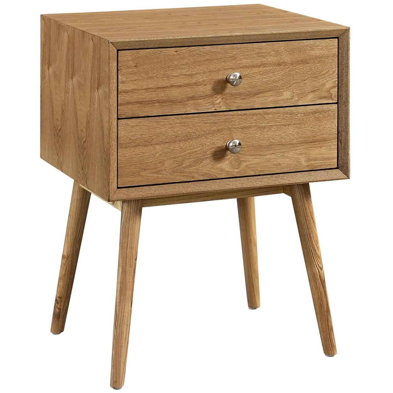 Mid-Century Modern Natural 2-Drawer Nightstand with Polished Metal Knobs