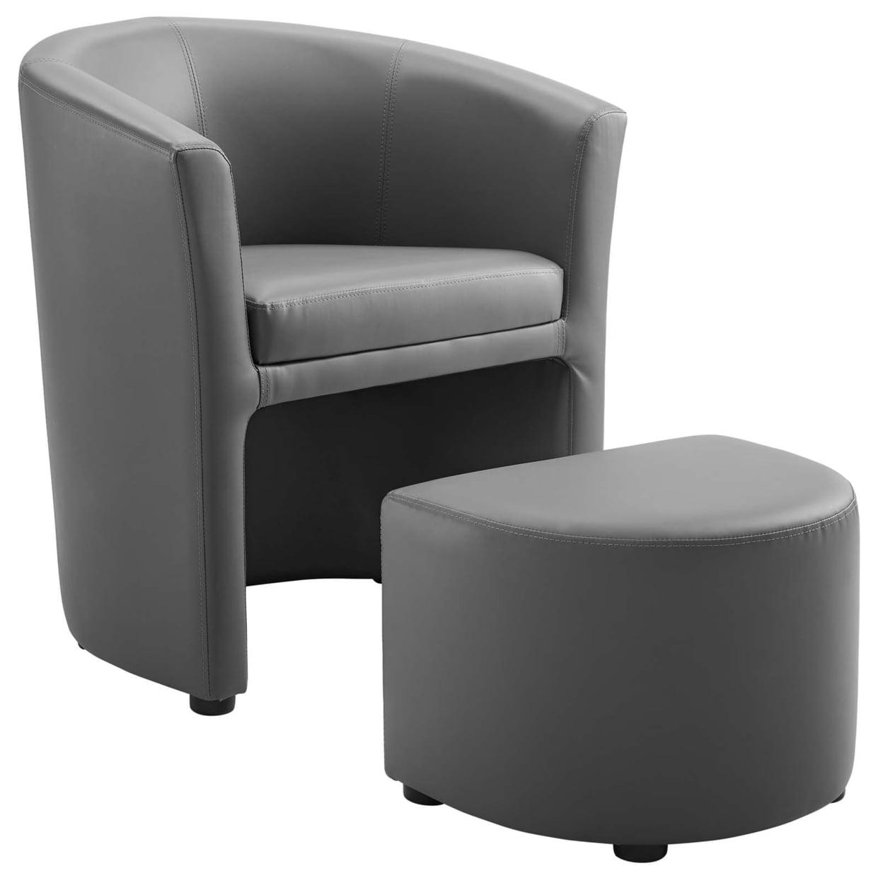 Streamlined Gray Faux Leather Barrel Armchair with Ottoman