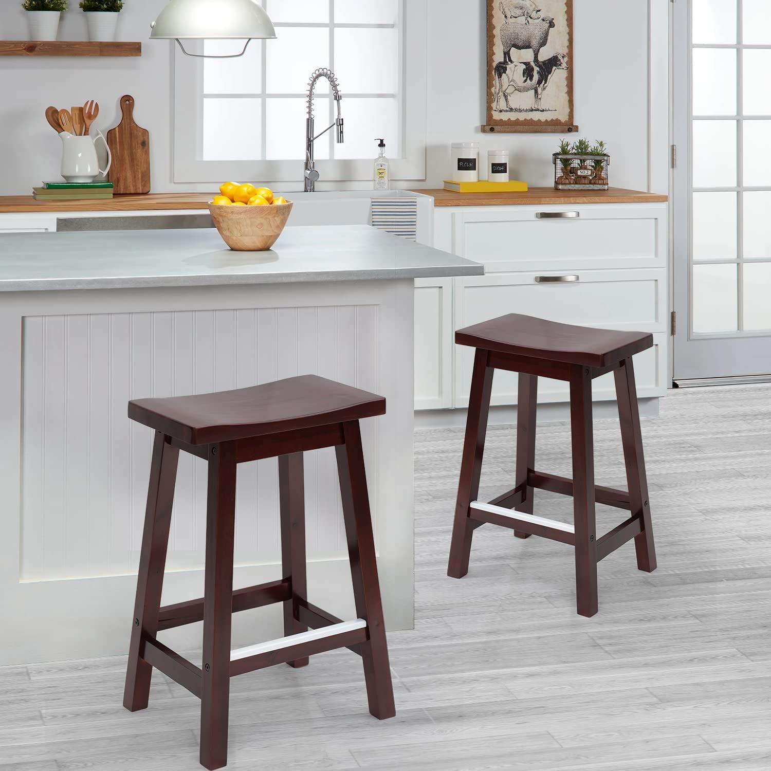 QuellQuest Bar Stools Set of 2 for Kitchen Counter Solid Wooden Saddle Stools 24-Inch/30-Inch Height (Brown, 24 in)