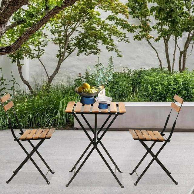 BestMassage 3 Piece Bistro Set Folding Chairs Table with Weather-Resistant Wood, Natural