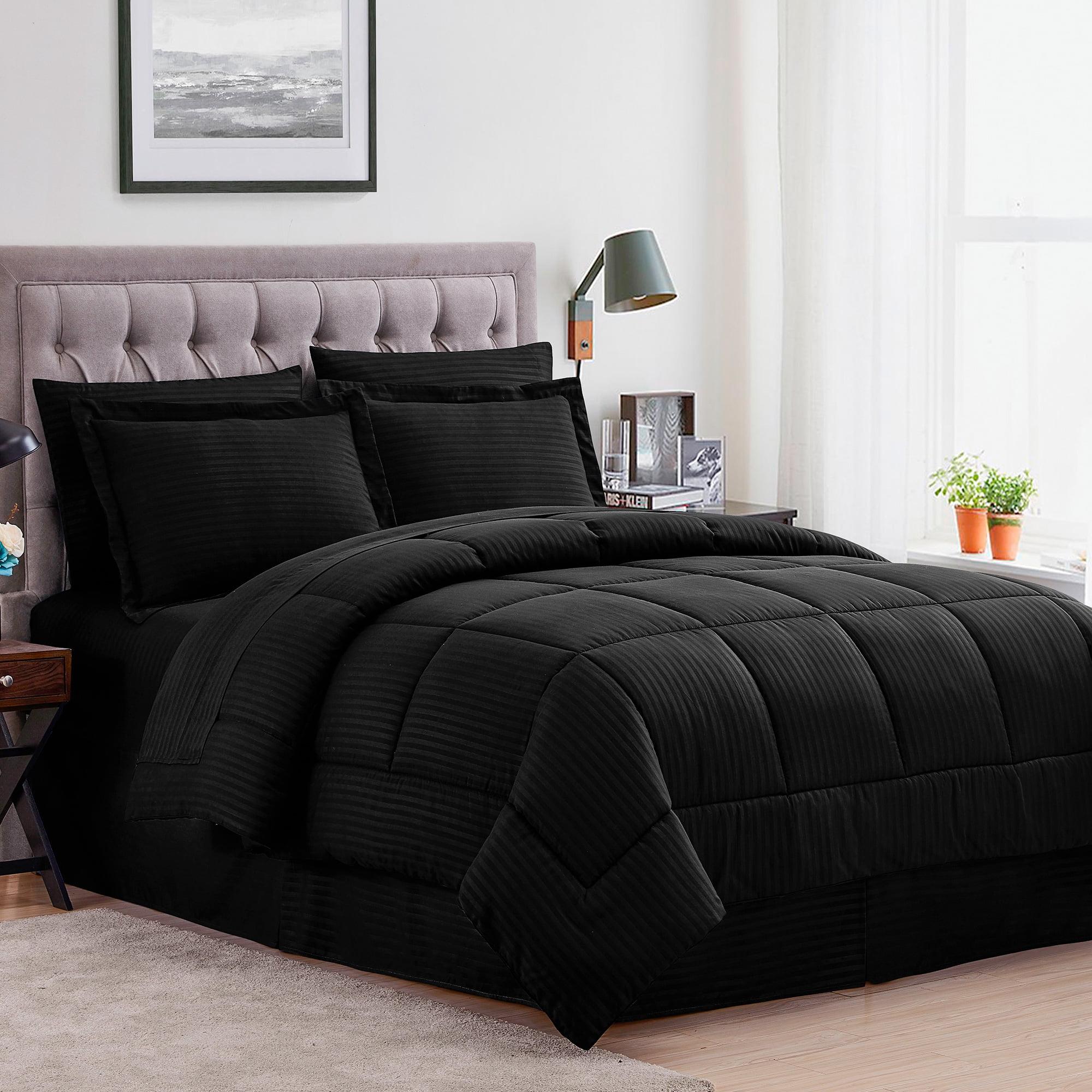 8 Piece Embossed Dobby Stripe Bed In A Bag Set - Queen, Black