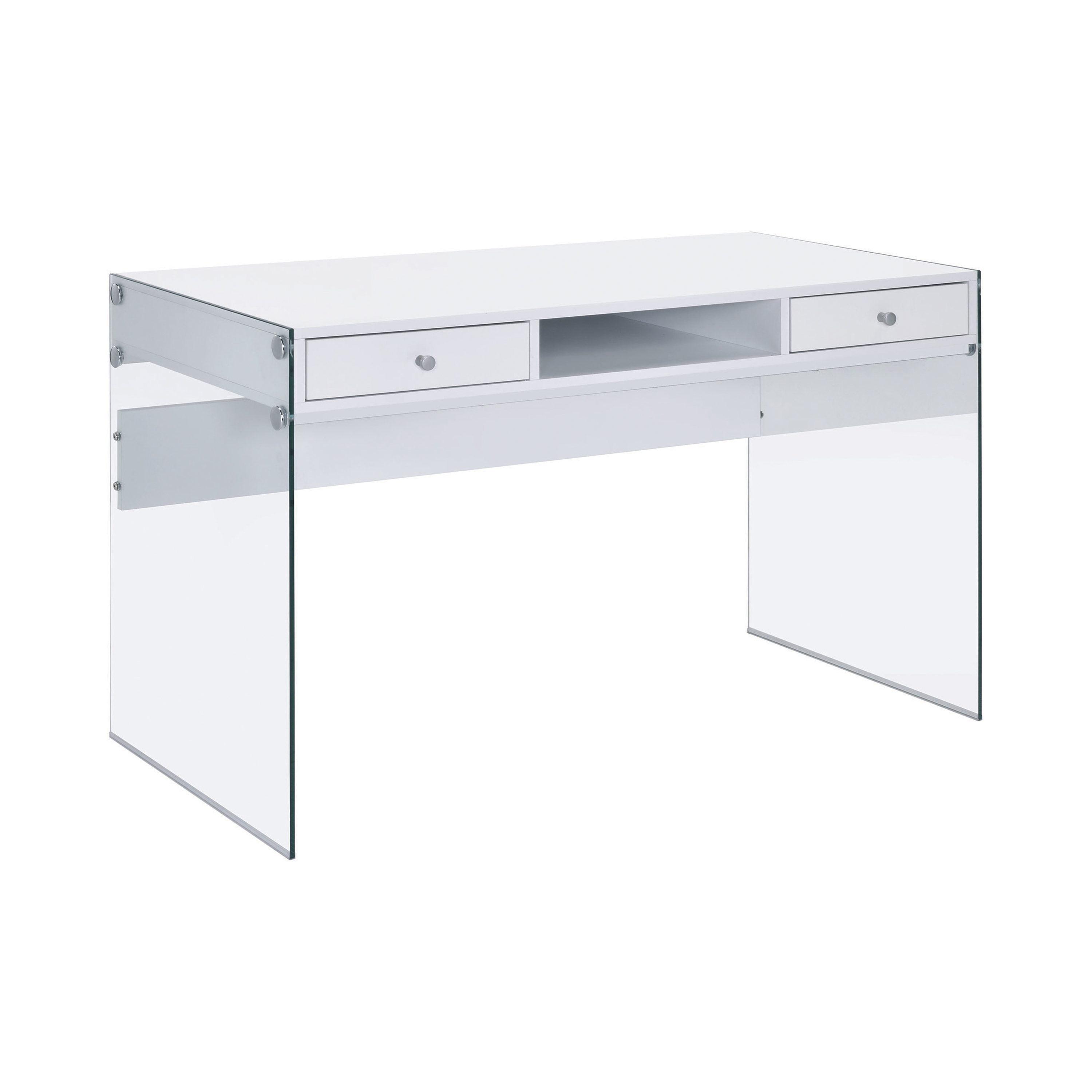 Contemporary Glossy White Home Office Desk with Tempered Glass Supports