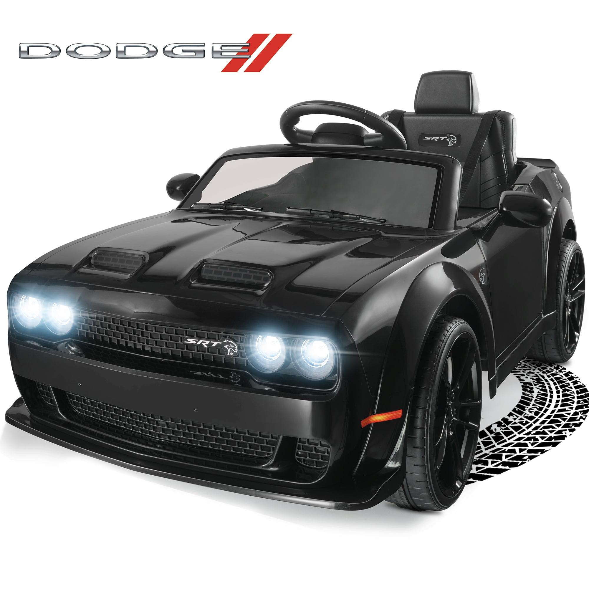 Black 12V Dodge Challenger Kids Ride-On Car with LED Lights and Remote Control