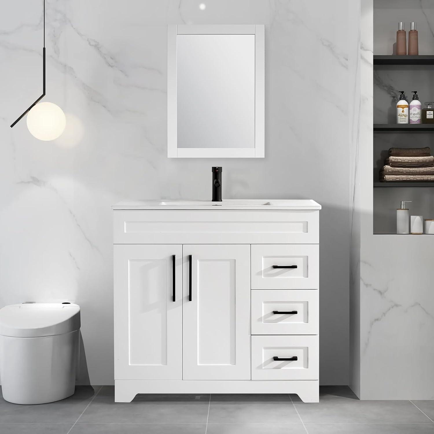 36" Bathroom Vanity with Ceramic Sink, Modern Bathroom Vanity with Cabinet and 3 Drawers, Solid Frame and MDF Bathroom Vanity Undermount Sink Combo with Soft Closing Doors, White