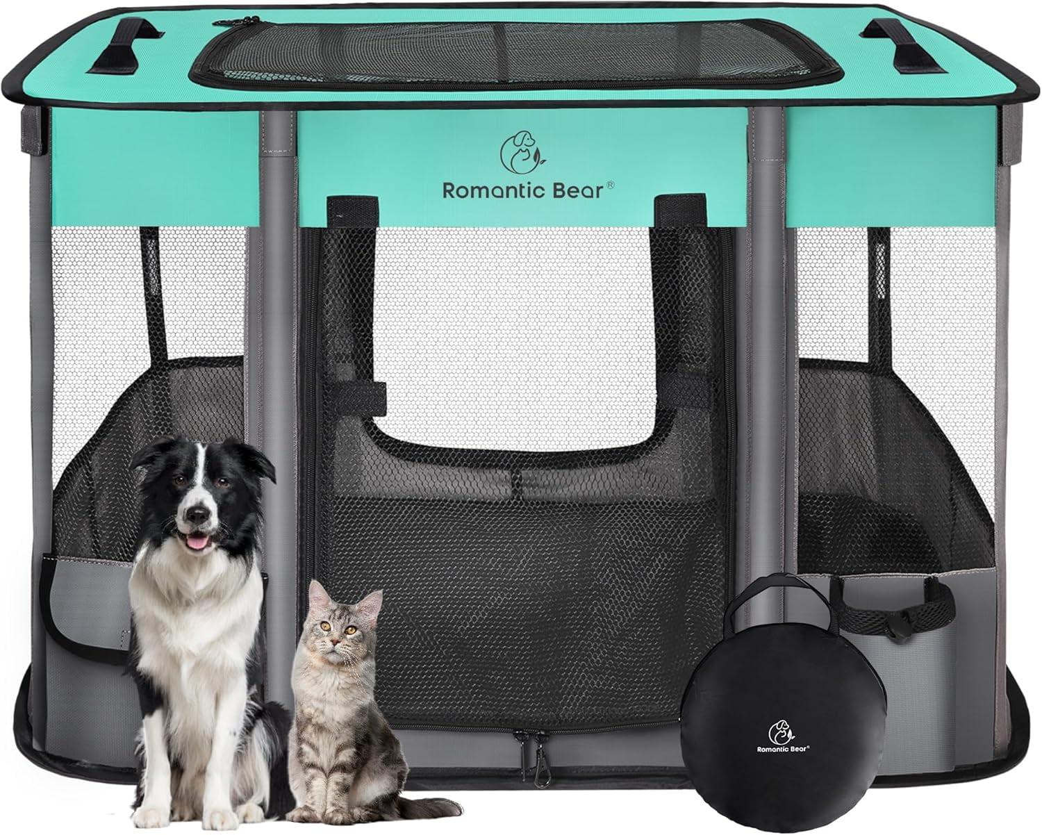 Foldable Aqua and Black Mesh Pet Playpen with Carry Bag