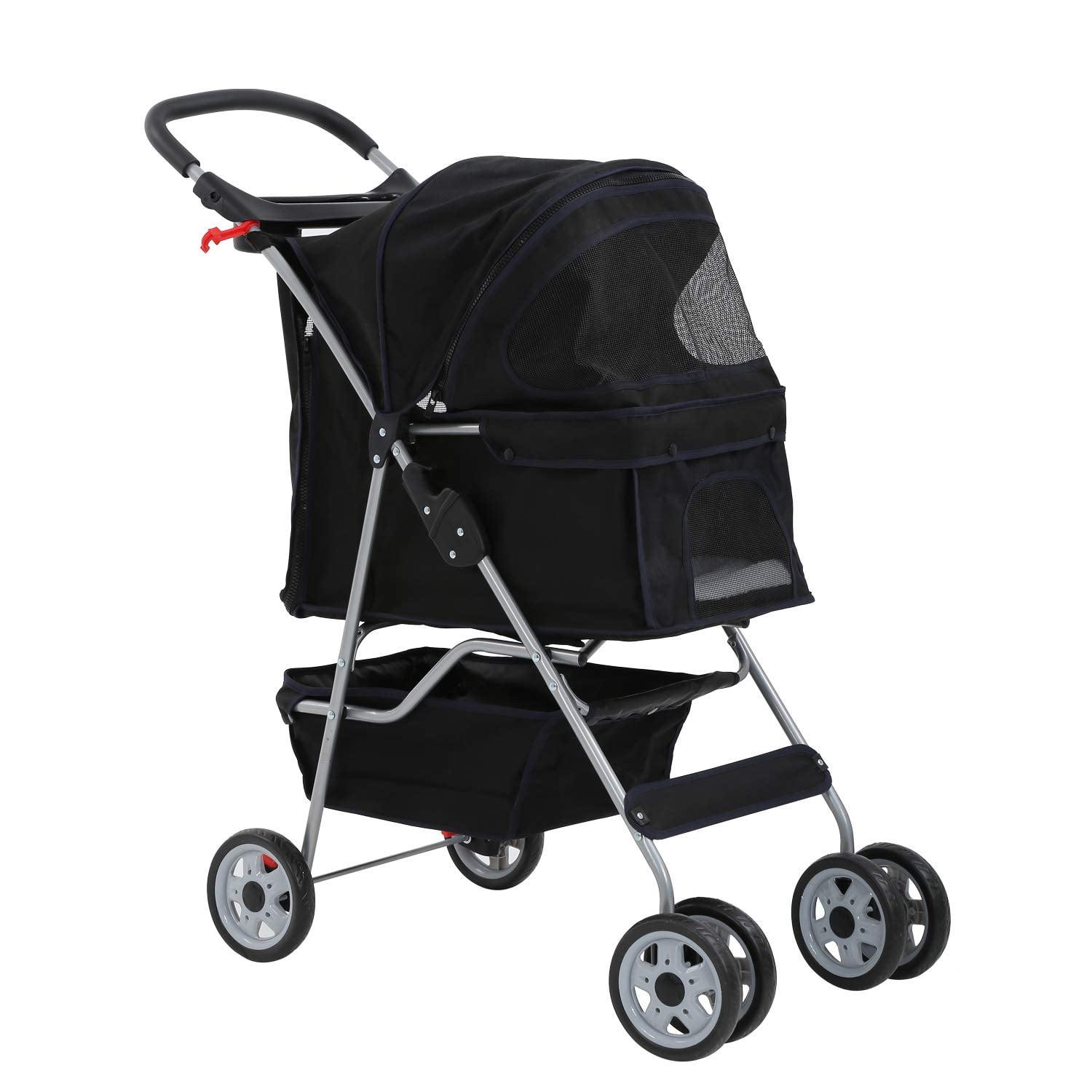 Black Fabric and Alloy Steel 4-Wheel Pet Stroller with Cup Holder