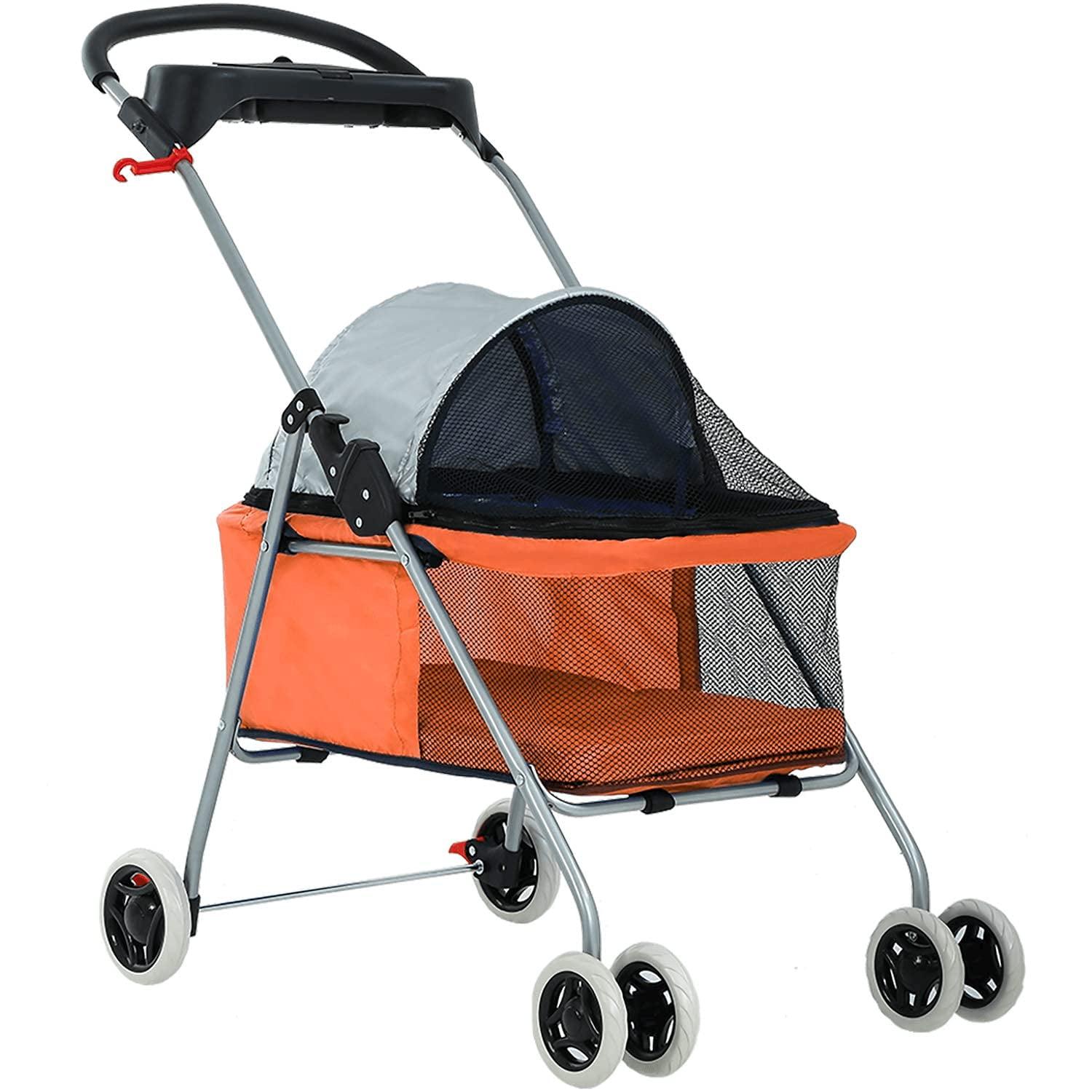 Orange Folding Dog Stroller with Mesh Windows and Storage Basket