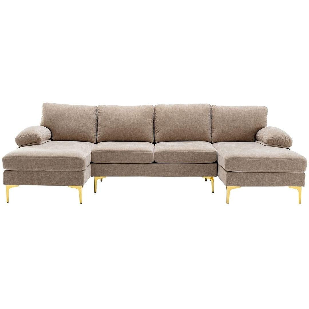 Camel Chenille Fabric U-Shape Sectional Sofa with Gold Legs