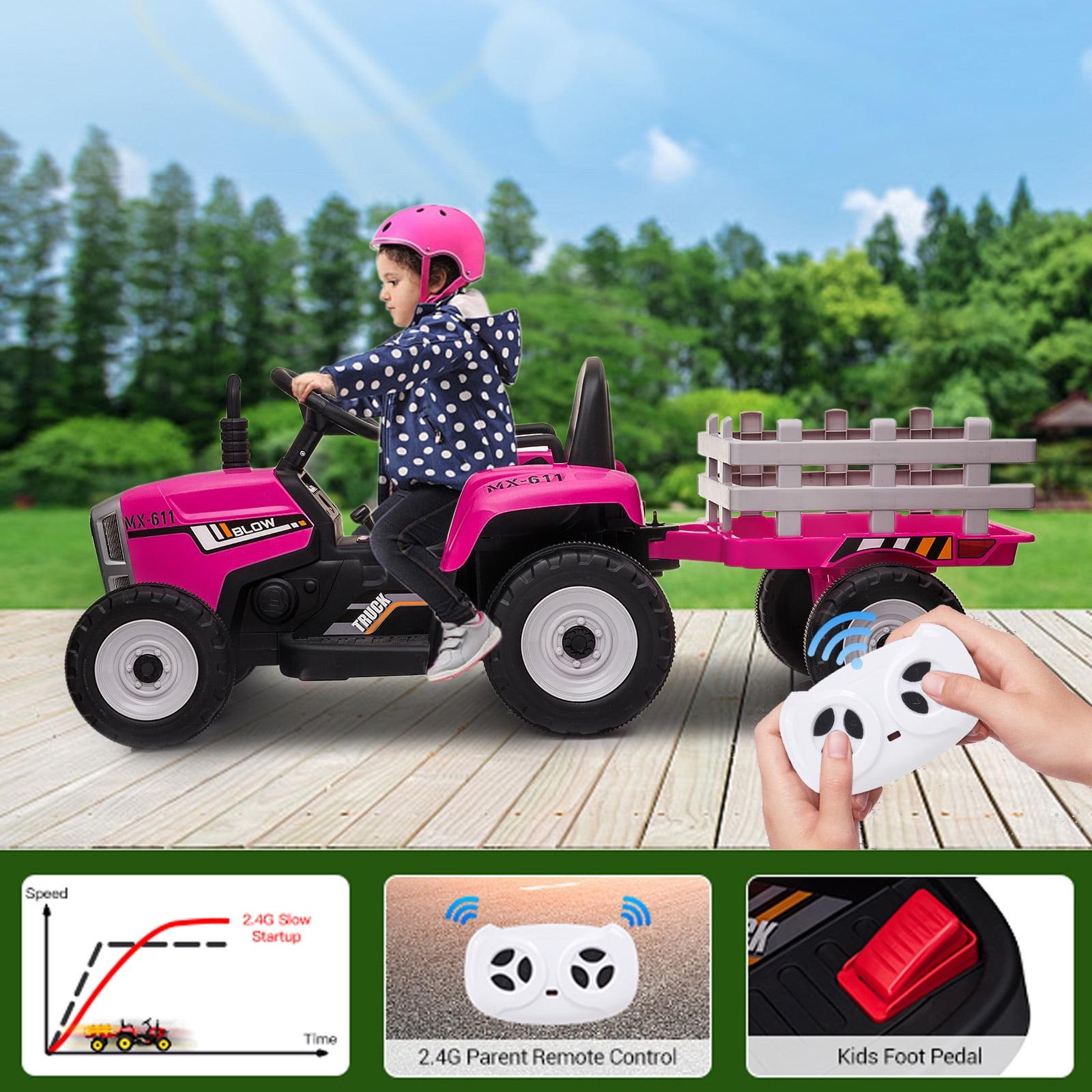 12V Kids Battery Powered Electric Tractor with Remote Control and Trailer Toddler Ride Car With 7LED Headlight and 2+1 Gear Shift Music USB Port Suitable for Children 3+