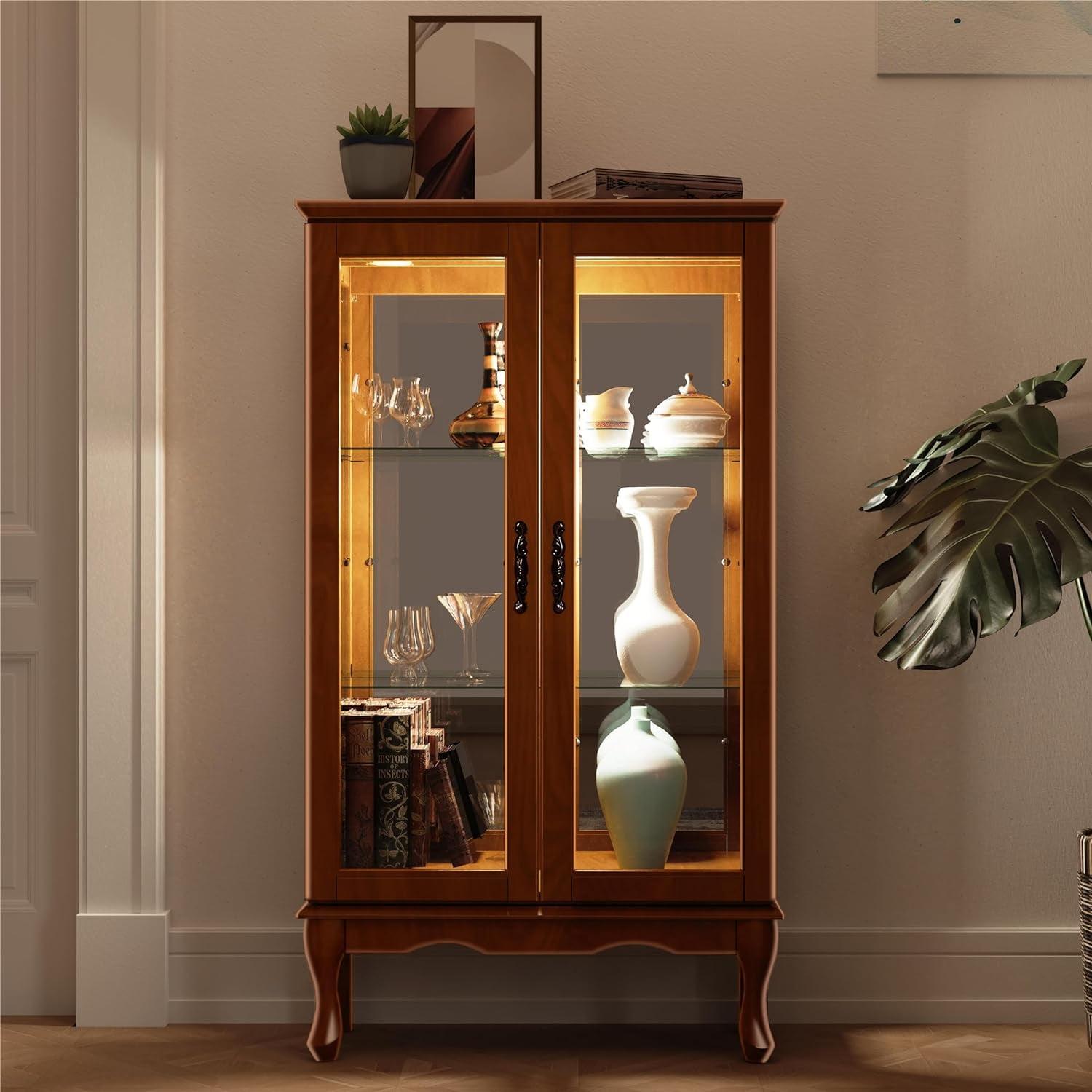 Dolonm Curio Cabinet with Tempered Glass Doors, Curio Cabinets with Mirrored Back Panel and Adjustable Shelves, Lighted Display Cabinet for Home, Office, E26 Light Bulb Not Included, Walnut, 3 Tier