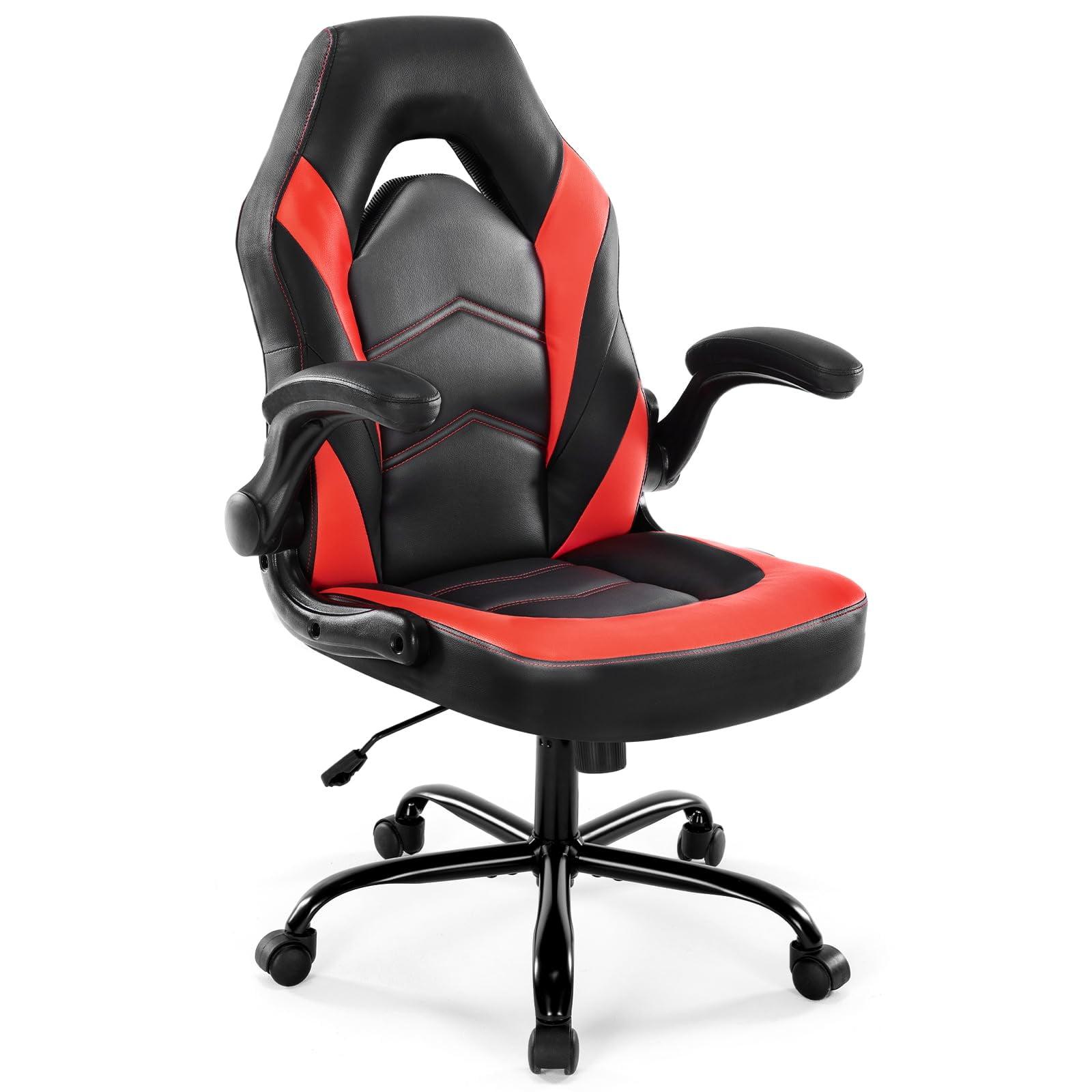 Red and Black Ergonomic PU Leather Gaming Chair with Flip-up Armrests