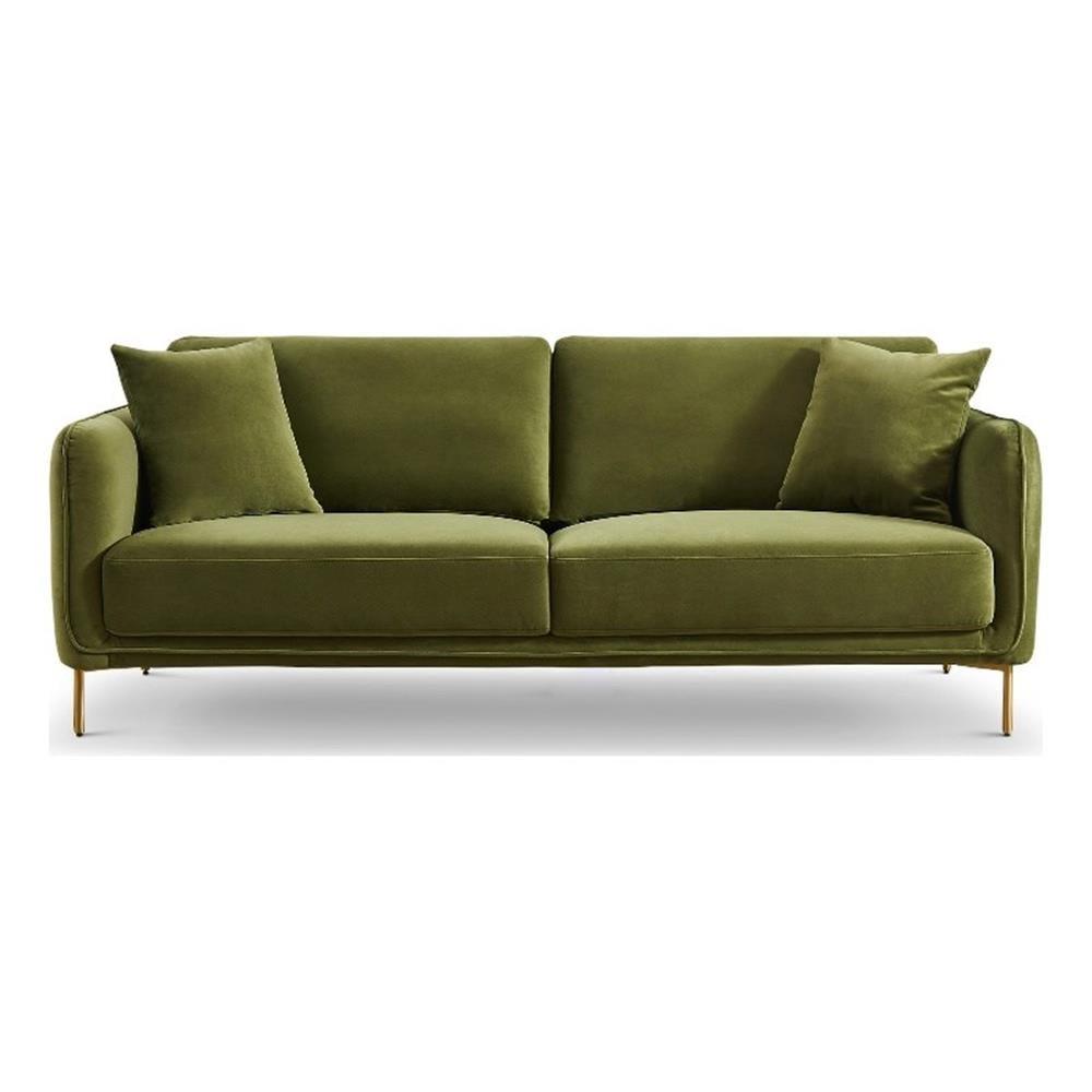 Olive Green Velvet Sofa with Gold Legs and Removable Cushions