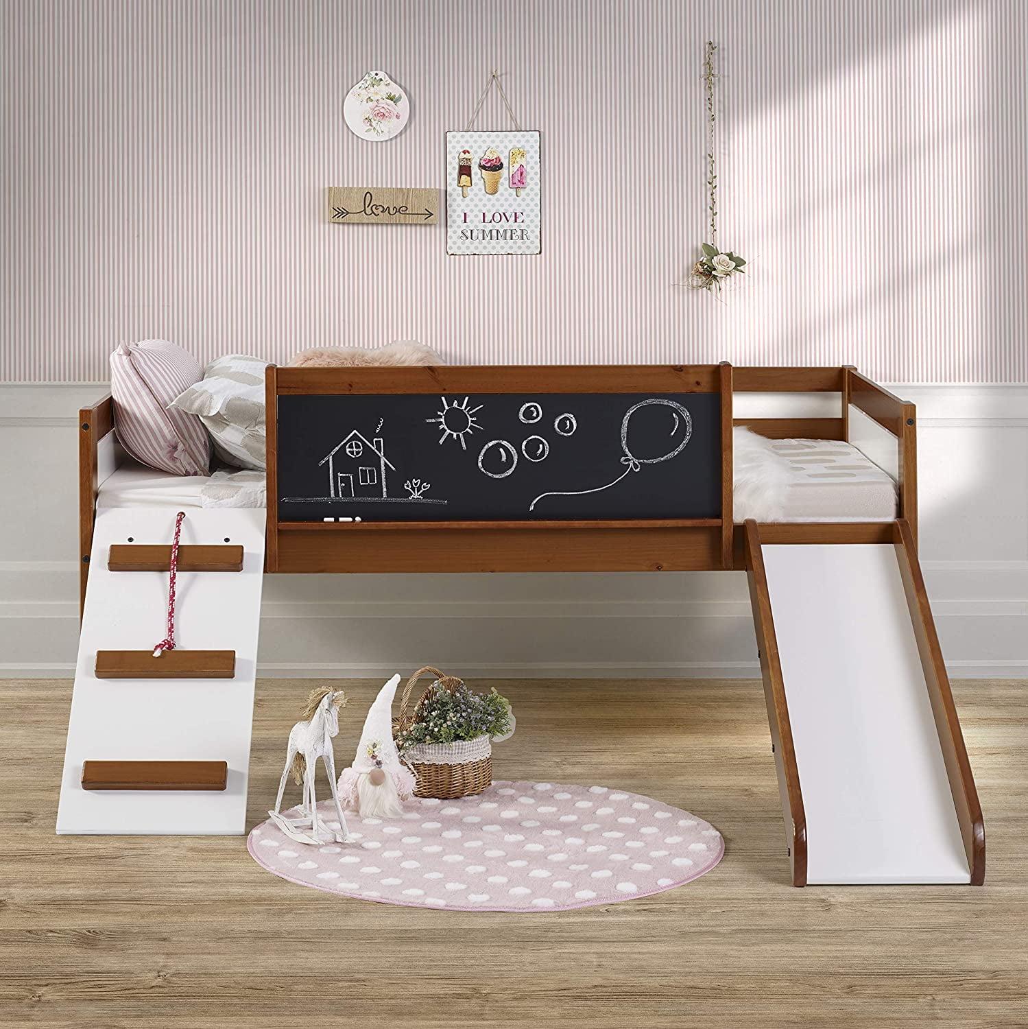 Pine Wood Twin Loft Bed with Slide and Chalkboard, Espresso