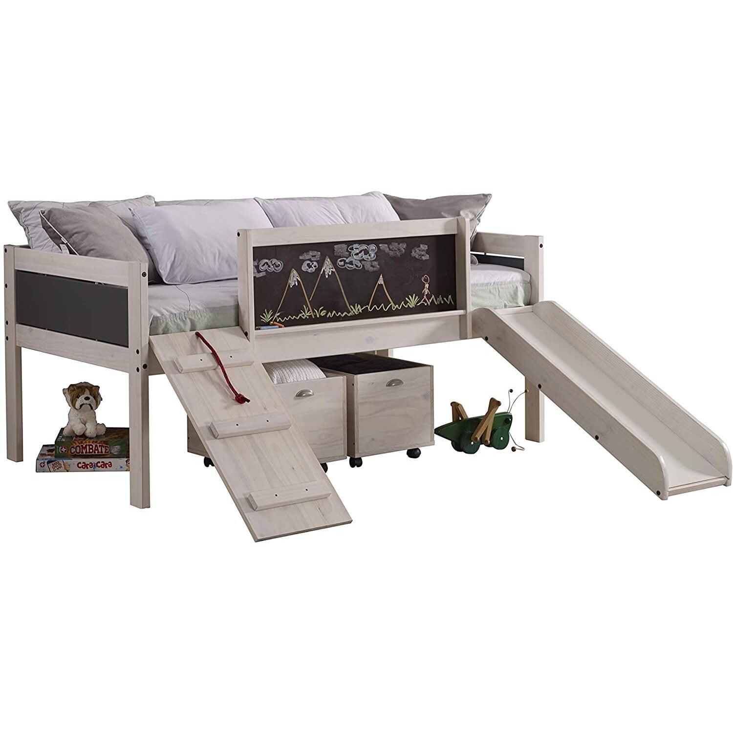 White Wash Pine Twin Loft Bed with Toy Boxes and Slide