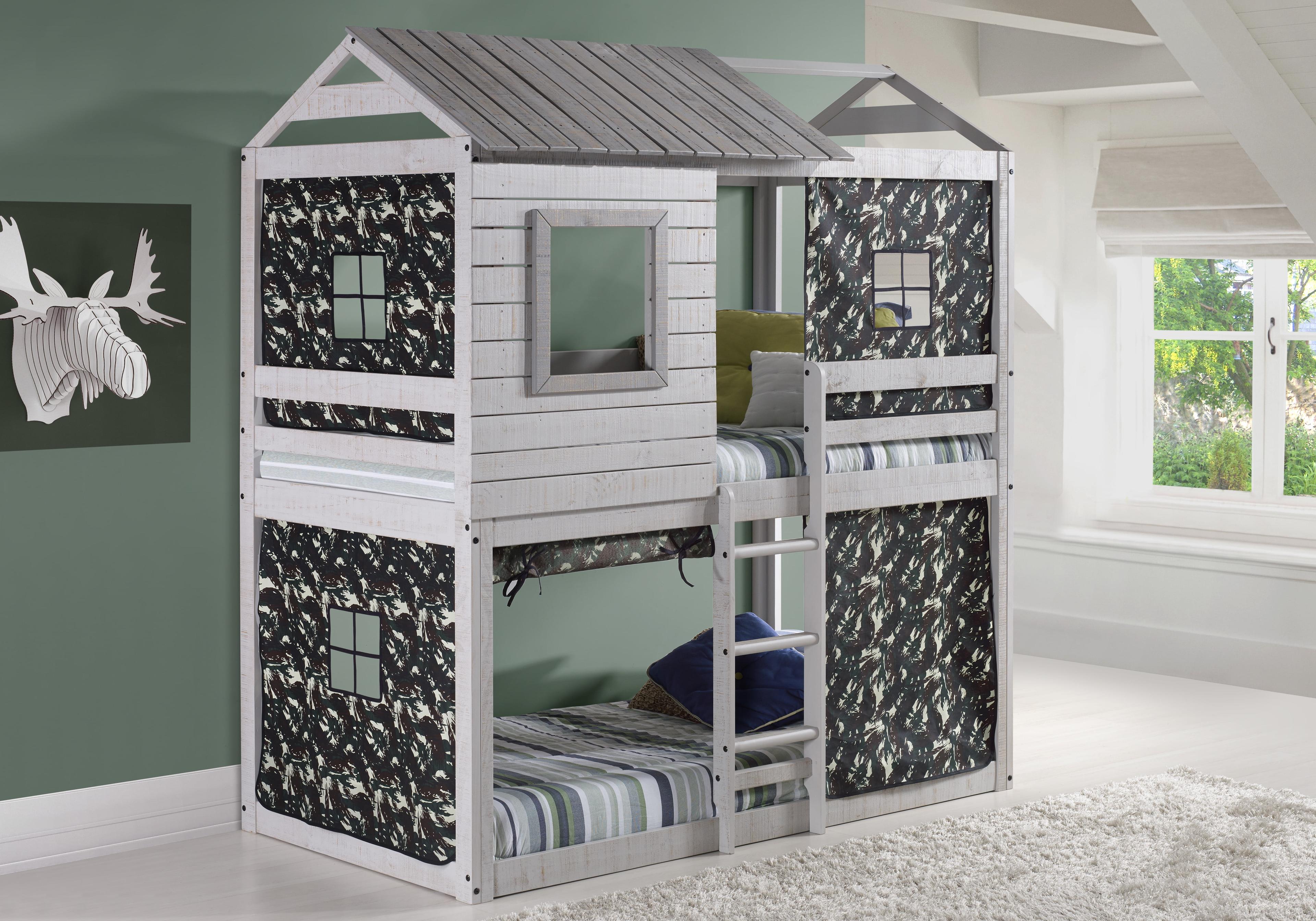Donco Kids Deer Blind Cabin Twin Over Twin Rustic Grey Bunkbed with Green Camo Tent