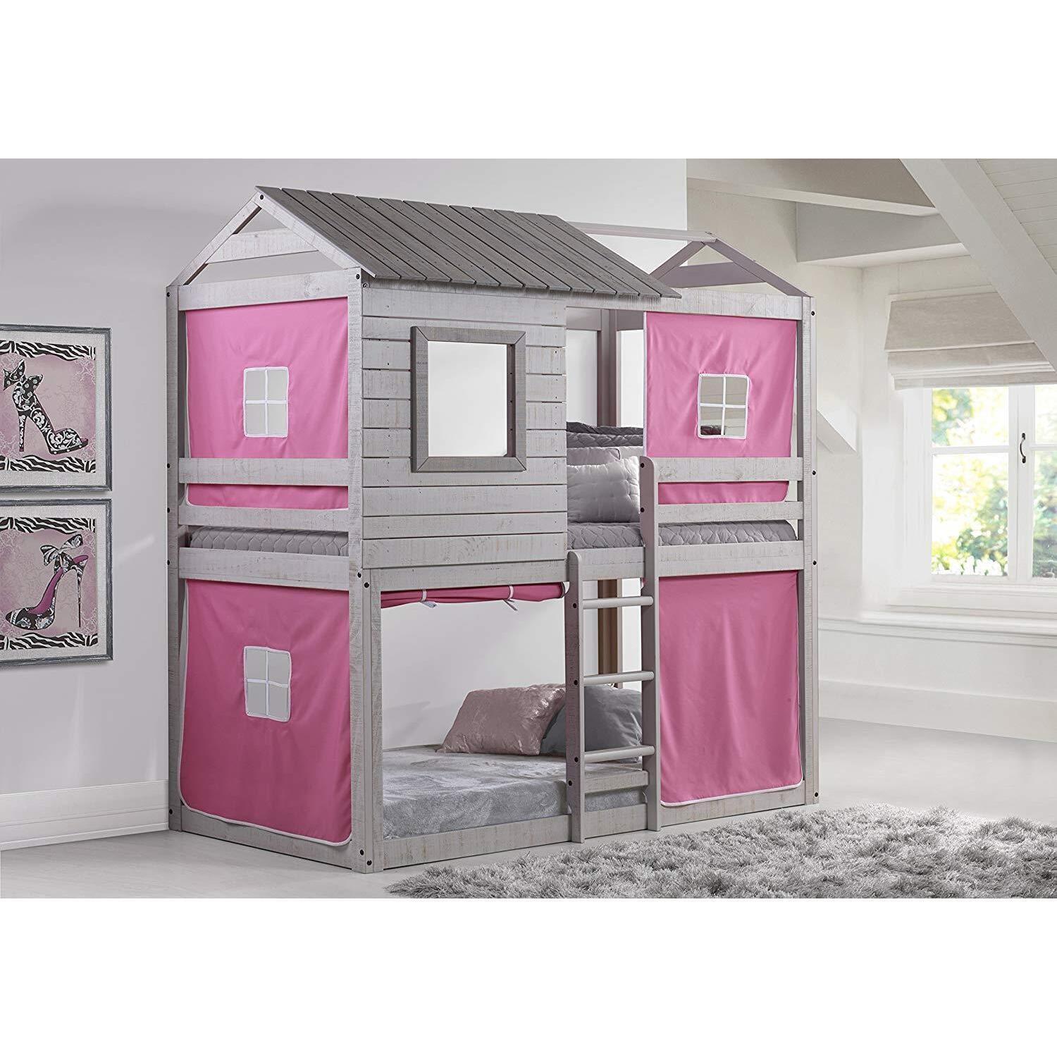 Rustic Gray Pine Twin Bunk Bed with Pink Tent