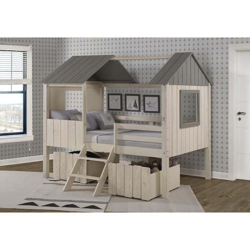 Donco Kids House Full Solid Wood Low Loft Bed With Drawers in Rustic Sand