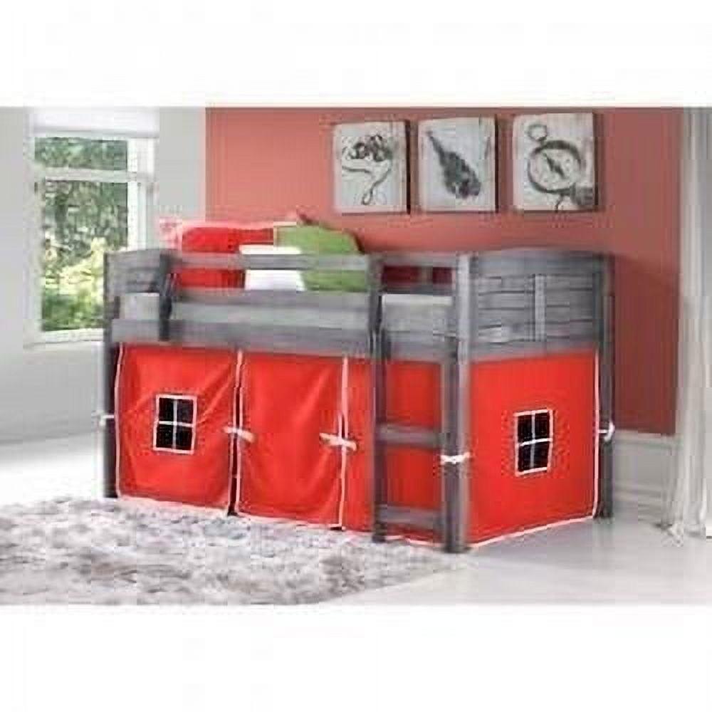 Donco Kids Louver Twin Antique Grey Low Loft Bed with Red Tent, Twin, Antique Grey