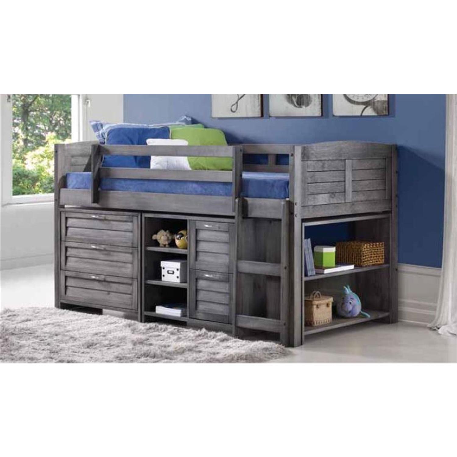Twin Loft Wood Frame Bed with 3-Drawer Storage and Bookcase in Antique Gray